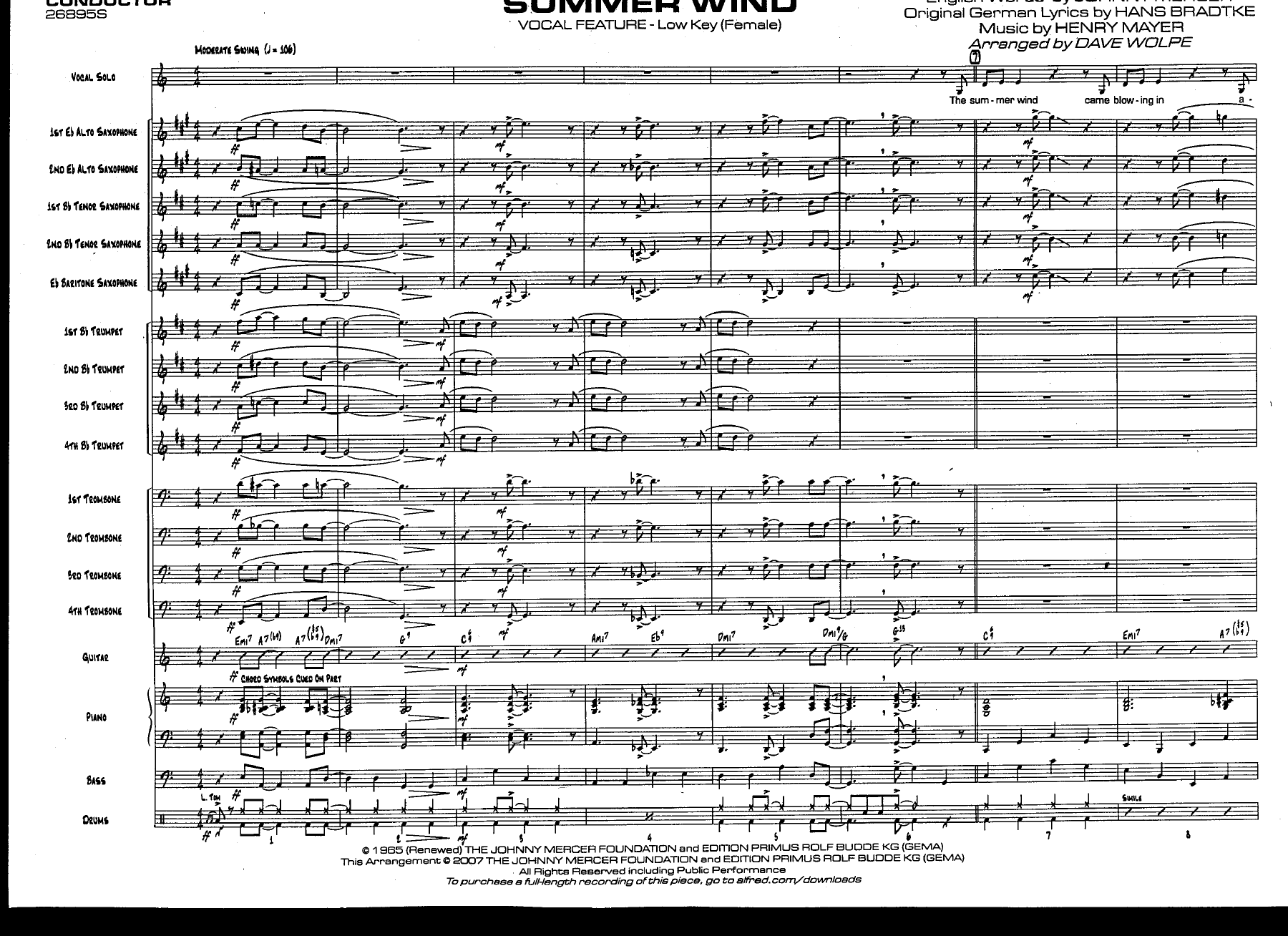Summer Wind (D.Wolpe) Female voc — sheet music preview