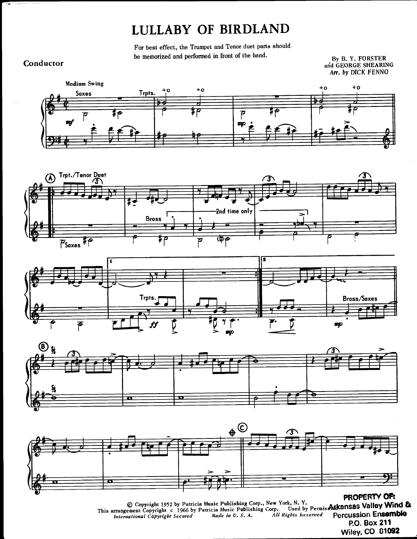 Lullaby Of Birdland — Big Band sheet music arranged by D.Fenno | Jazz Standard