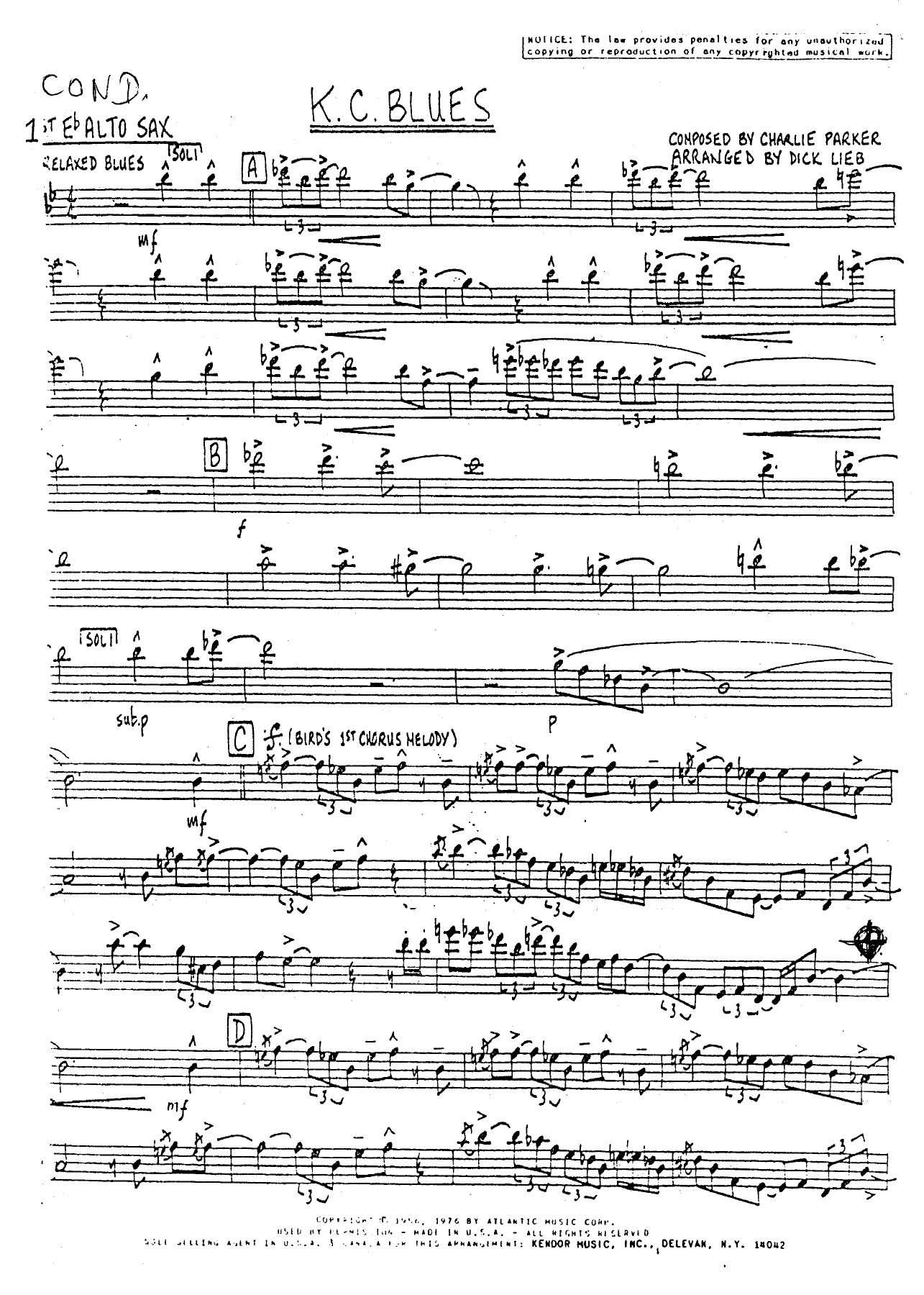 K.C.Blues (D.Lieb) C.Parker — sheet music cover (first page)