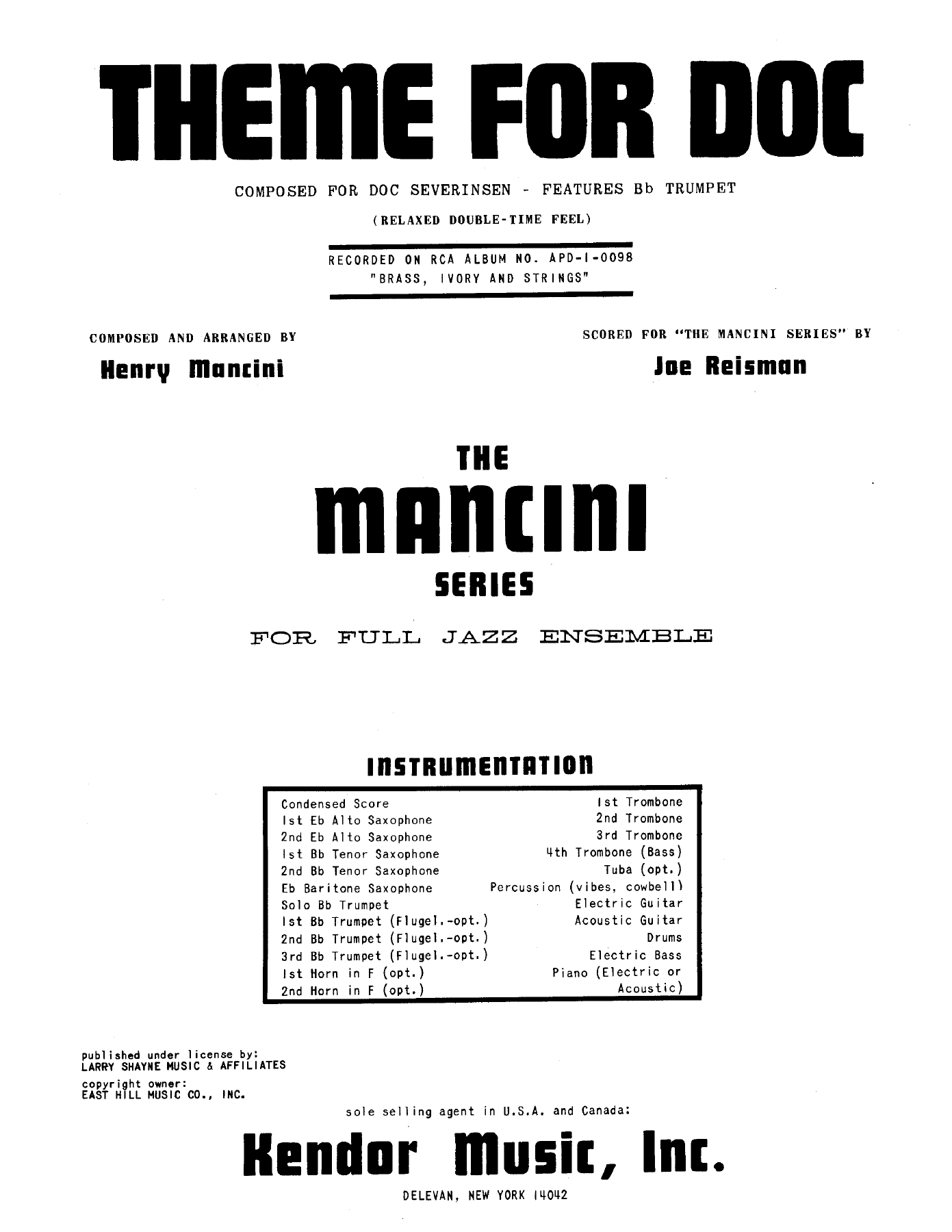 Theme For Doc (H.Mancini) J.Reisman — sheet music cover (first page)