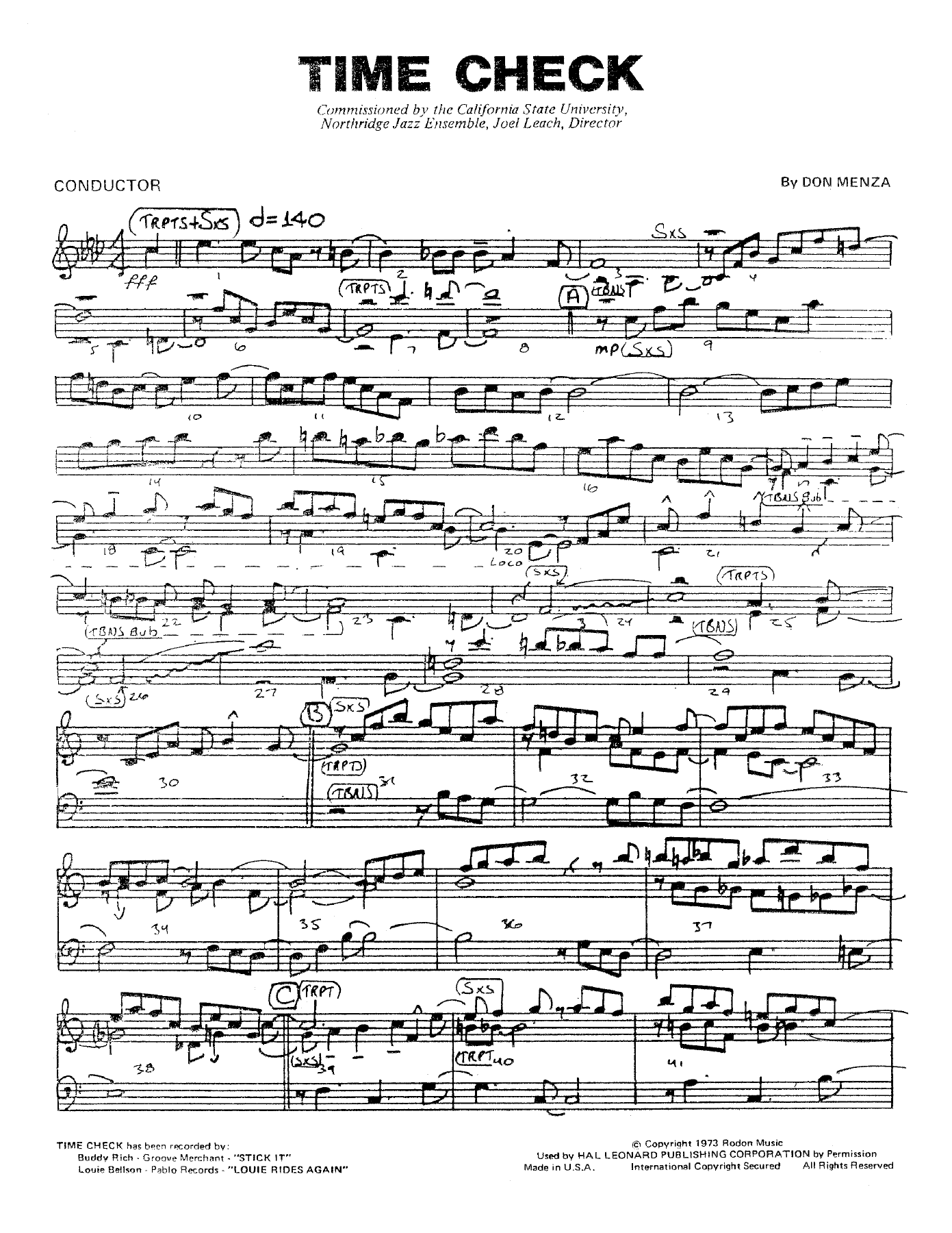 Time Check (D.Menza) B.Rich — sheet music cover (first page)