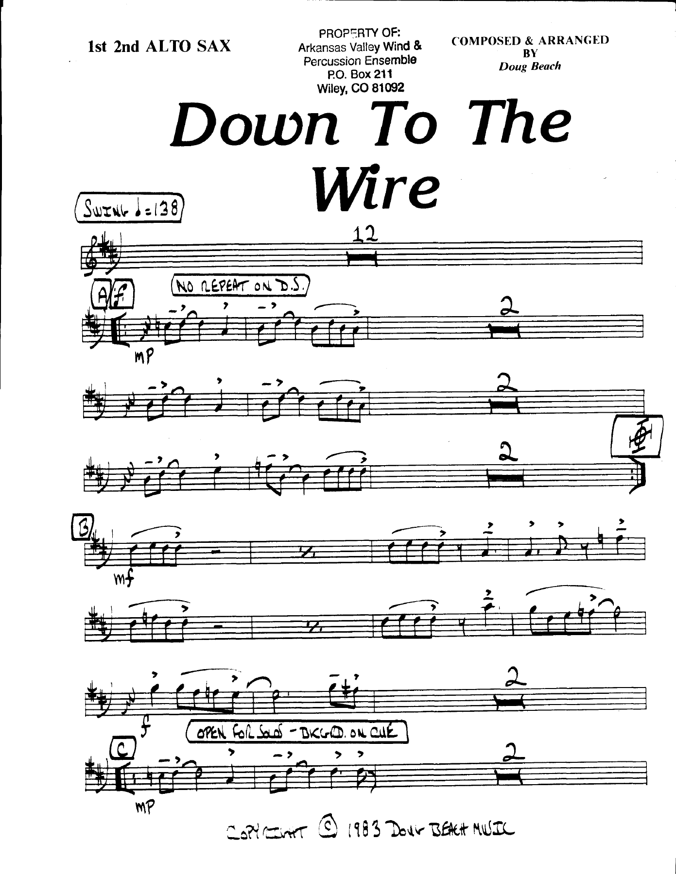 Down To The Wire — sheet music cover (first page)