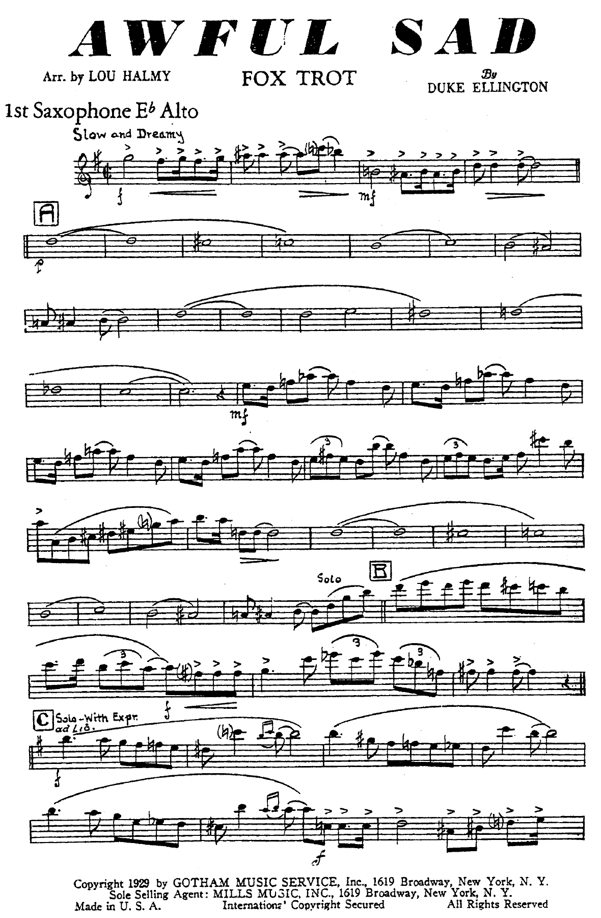 Awful Sad — sheet music cover (first page)