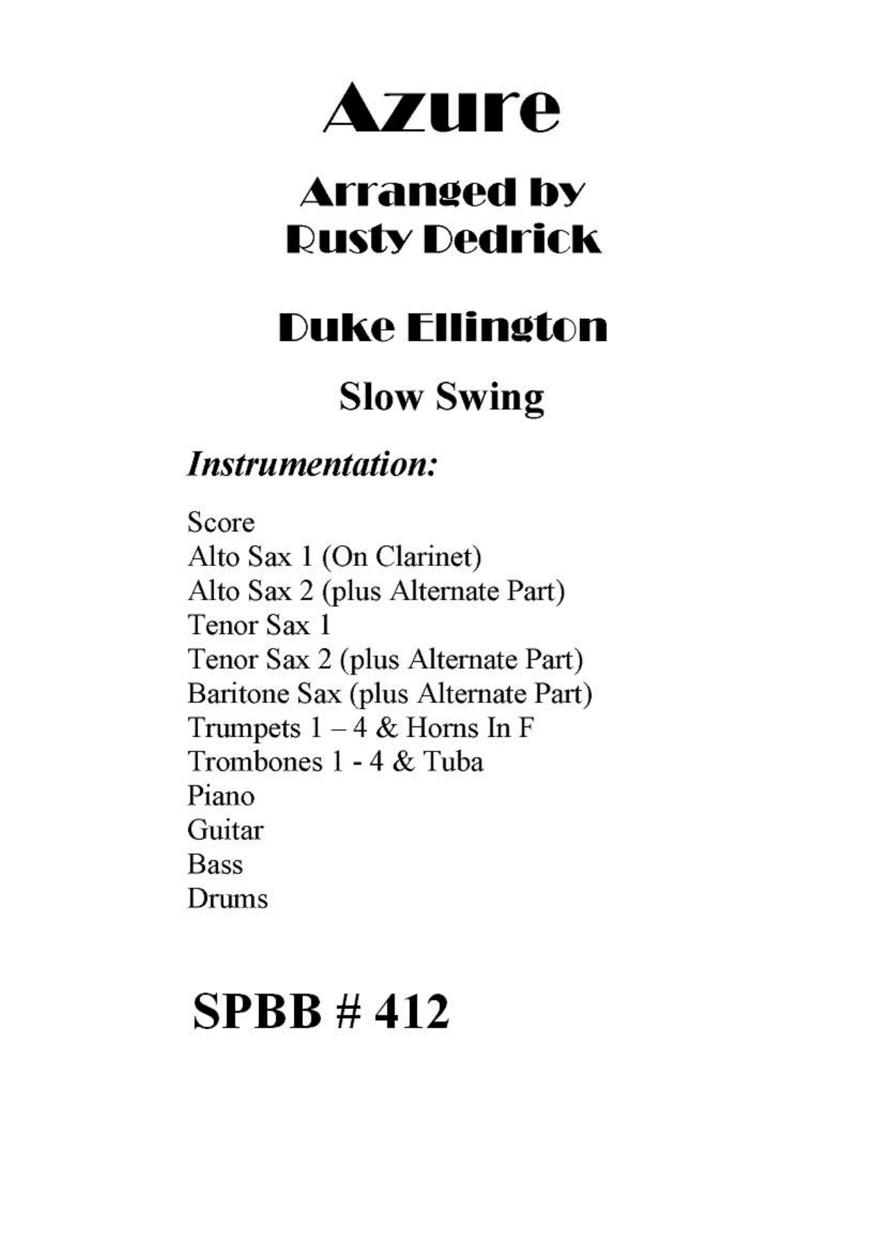 Azure (R.Dedrick) D.Ellington MP3 — Big Band sheet music arranged by Duke Ellington & B.Strayhorn.D.Berger | Jazz Standard