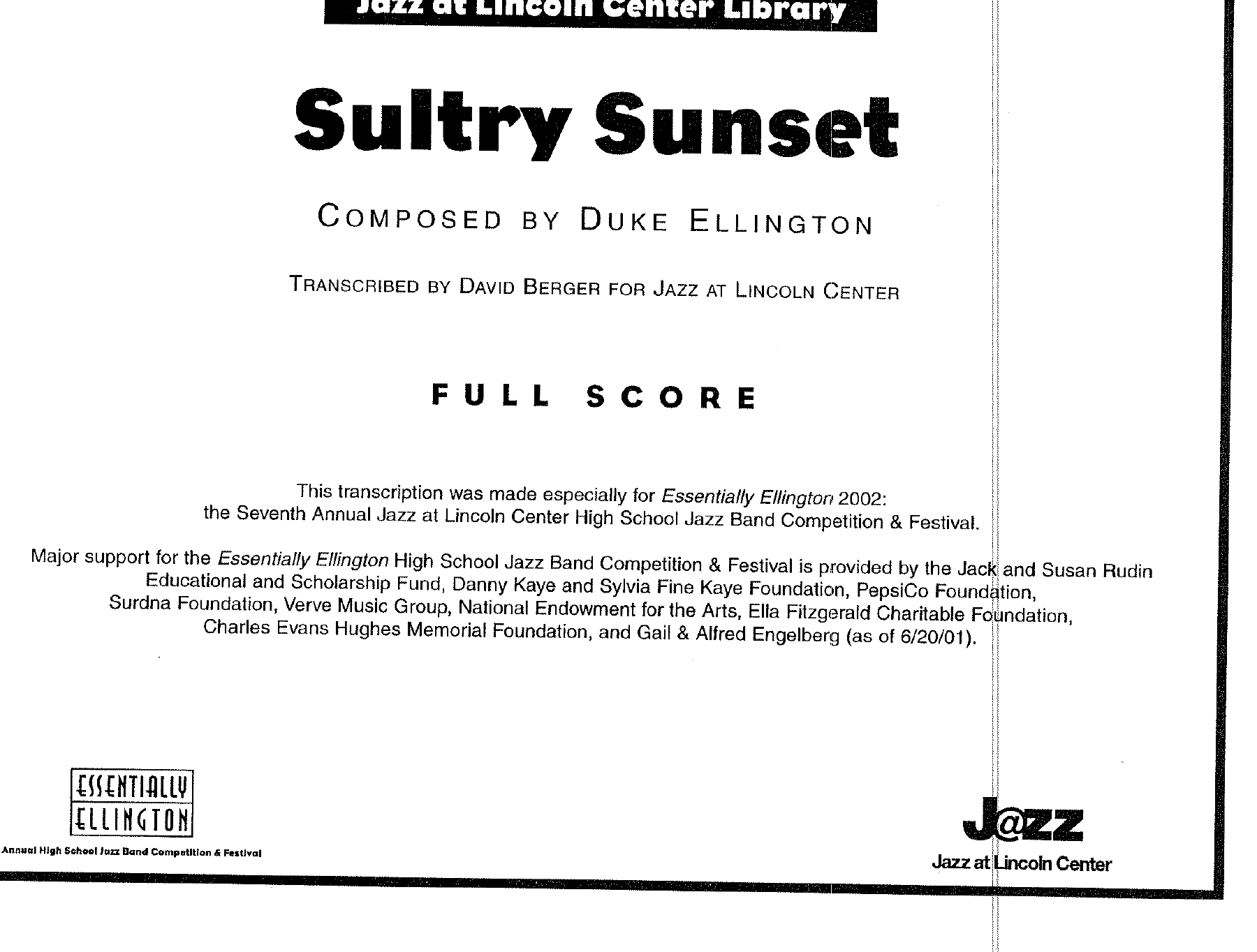 Sultry Sunset (D.Berger) D.Ellington — Big Band sheet music arranged by Duke Ellington & B.Strayhorn.D.Berger | Jazz Standard