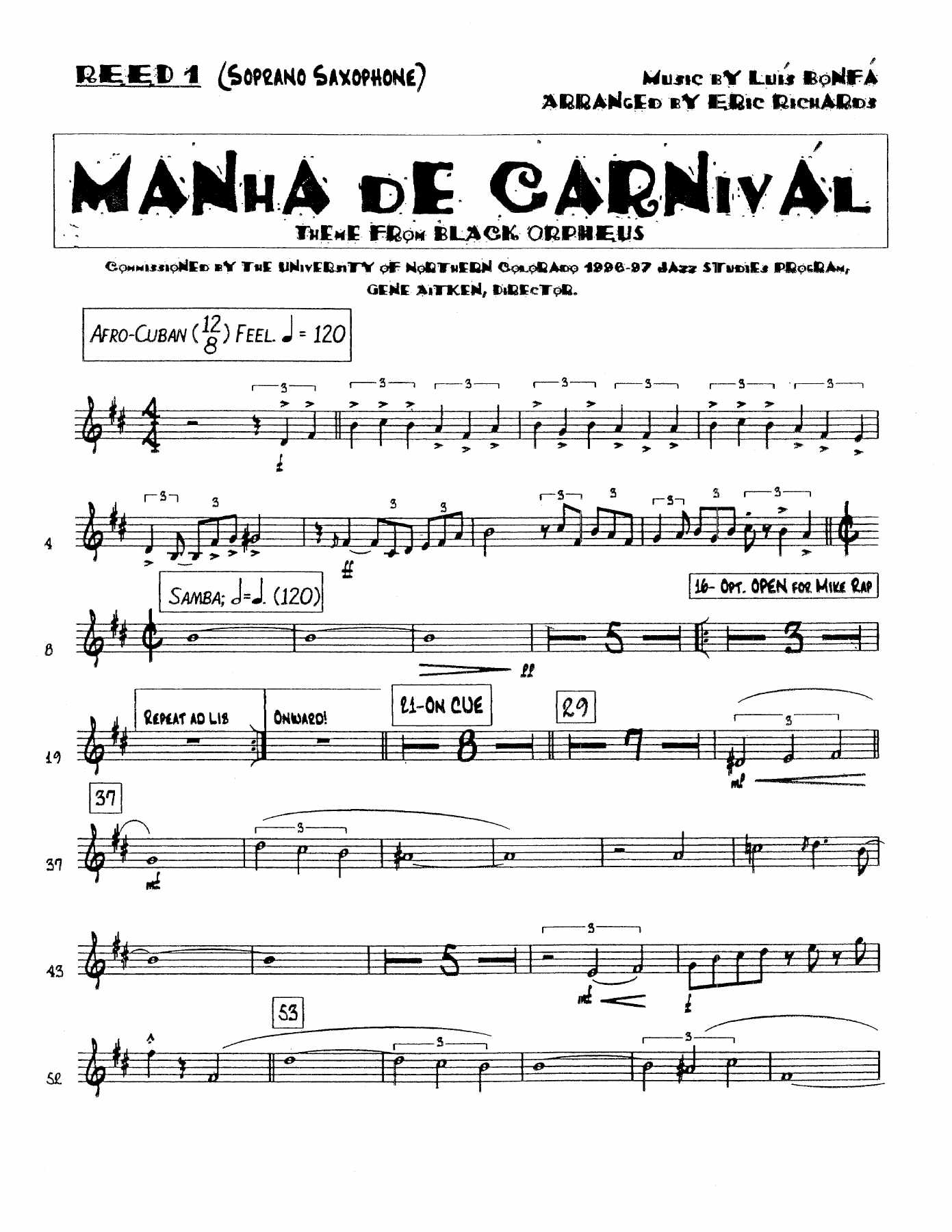 Manha De Carnival — sheet music cover (first page)