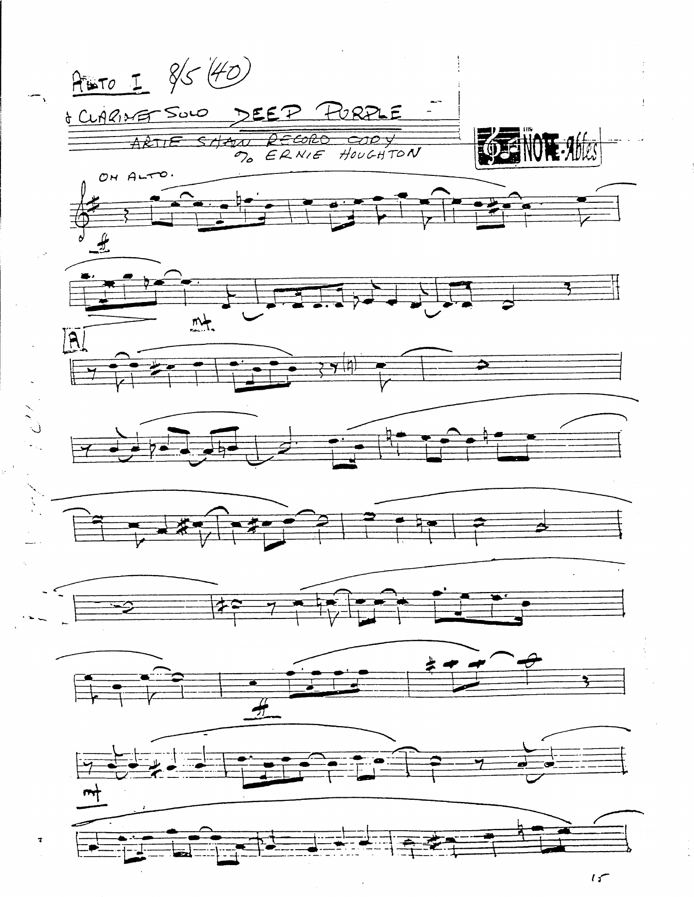Deep Purple (E.Houghton) A.Shaw — Big Band sheet music arranged by Ernie Houghton | Jazz Standard