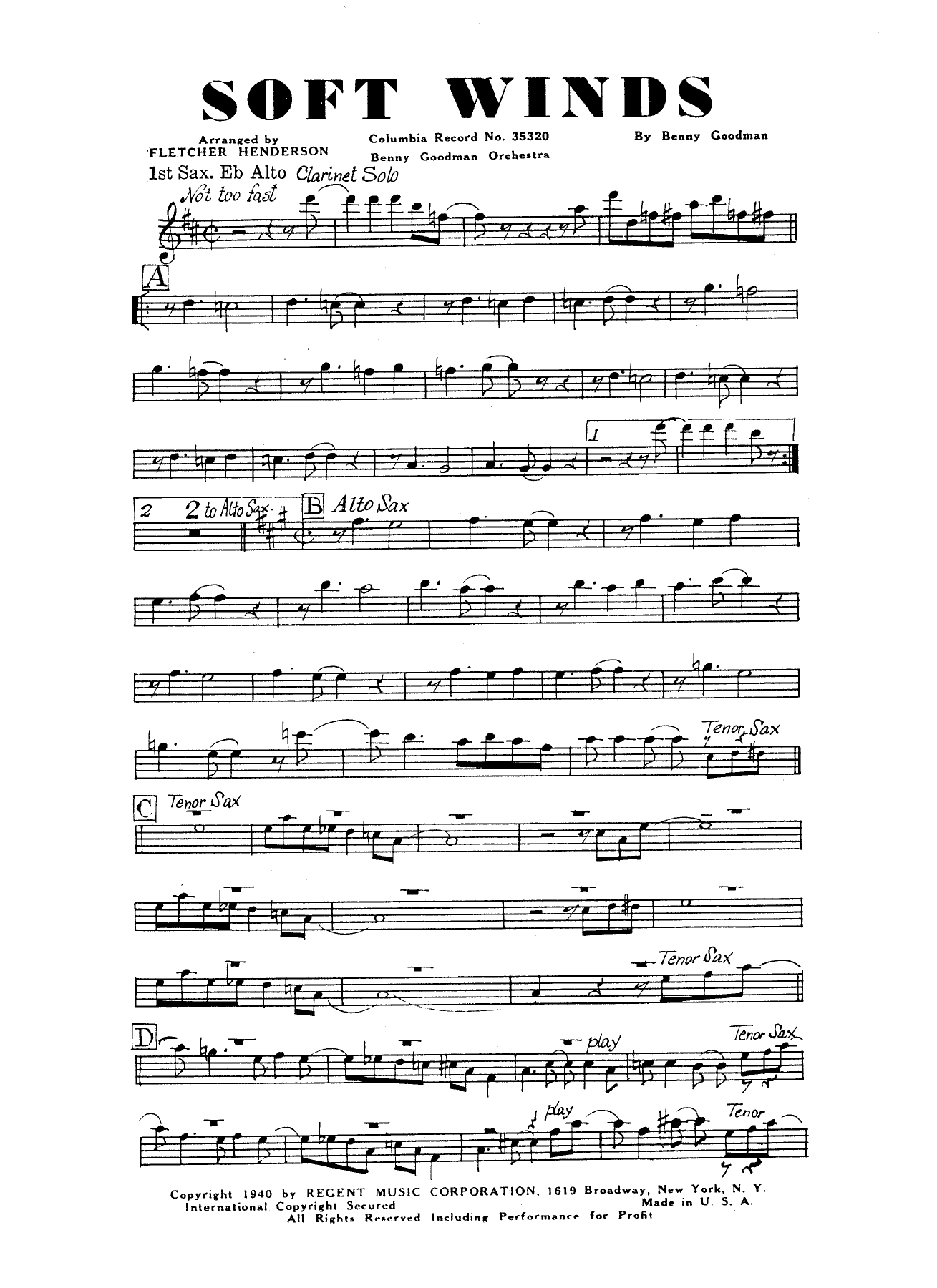 Soft Winds — sheet music cover (first page)