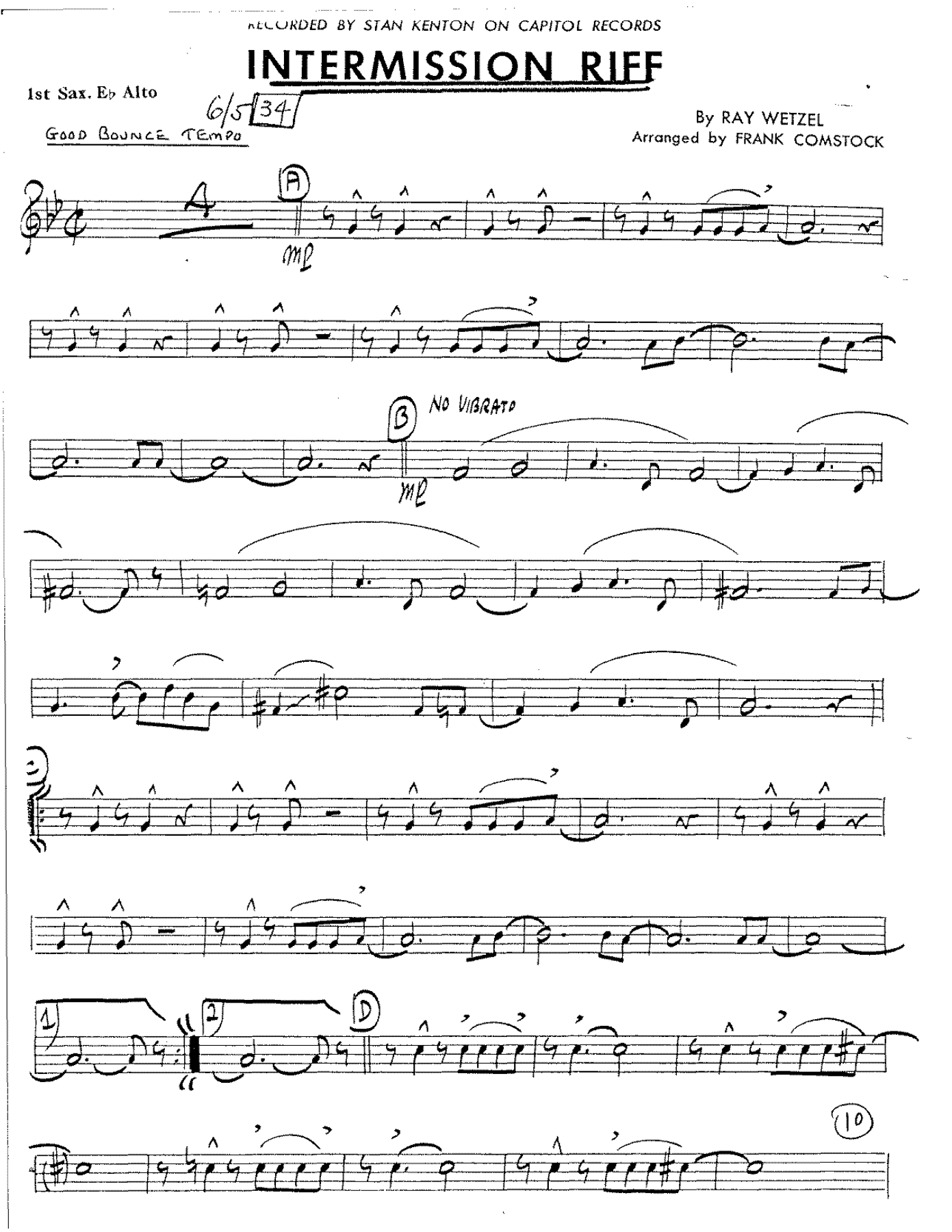 Intermission Riff — sheet music cover (first page)