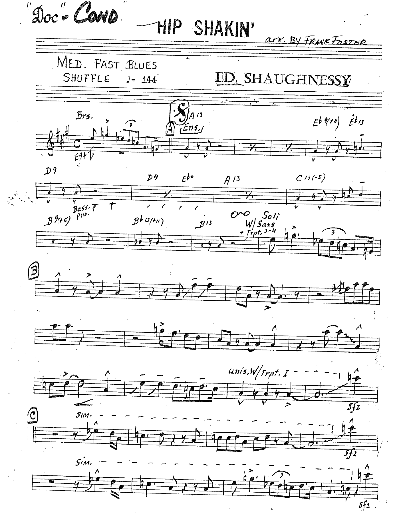 Hip Shakin' (F.Foster) D.Severinsen — Big Band sheet music arranged by Frank Foster | Jazz Standard