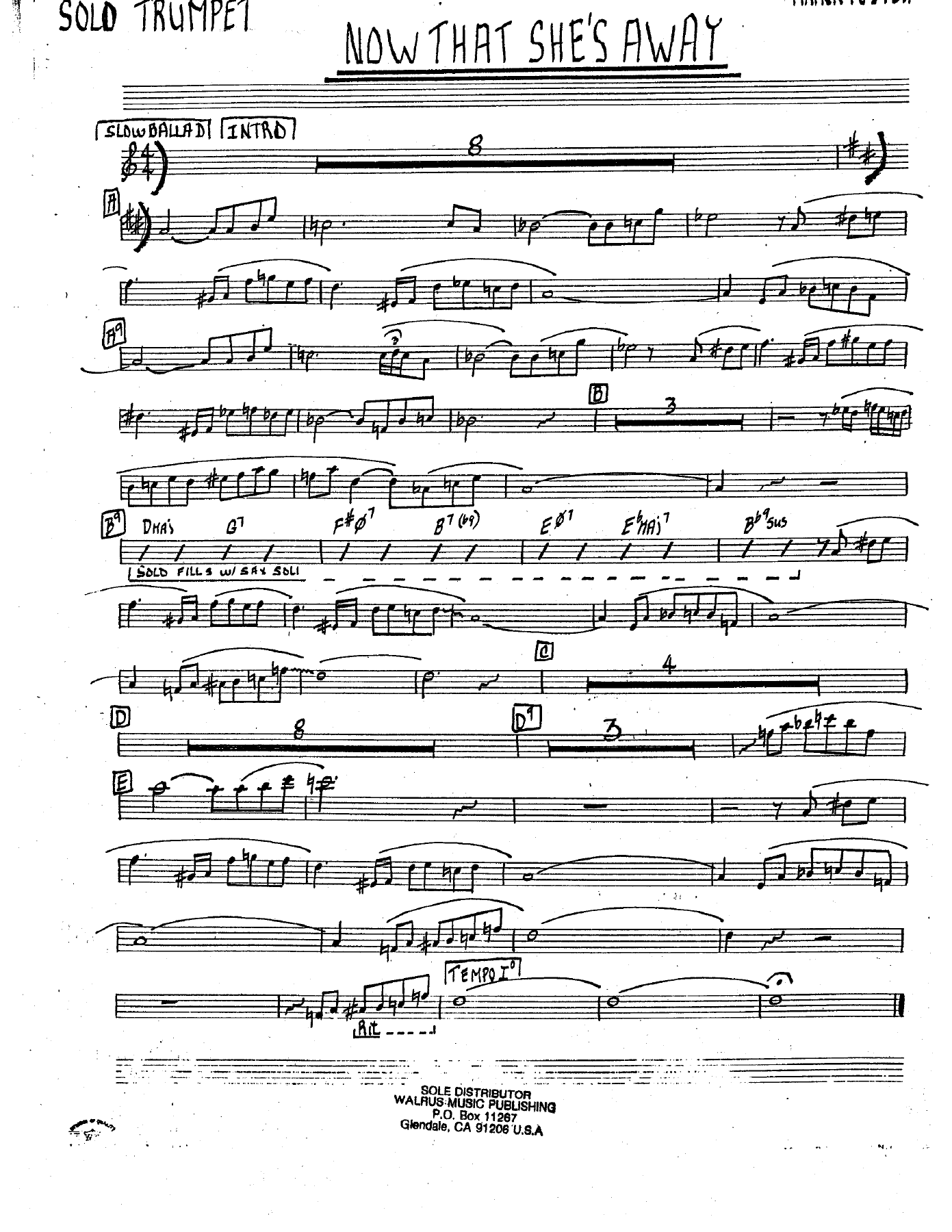 Now That She's Away — sheet music cover (first page)