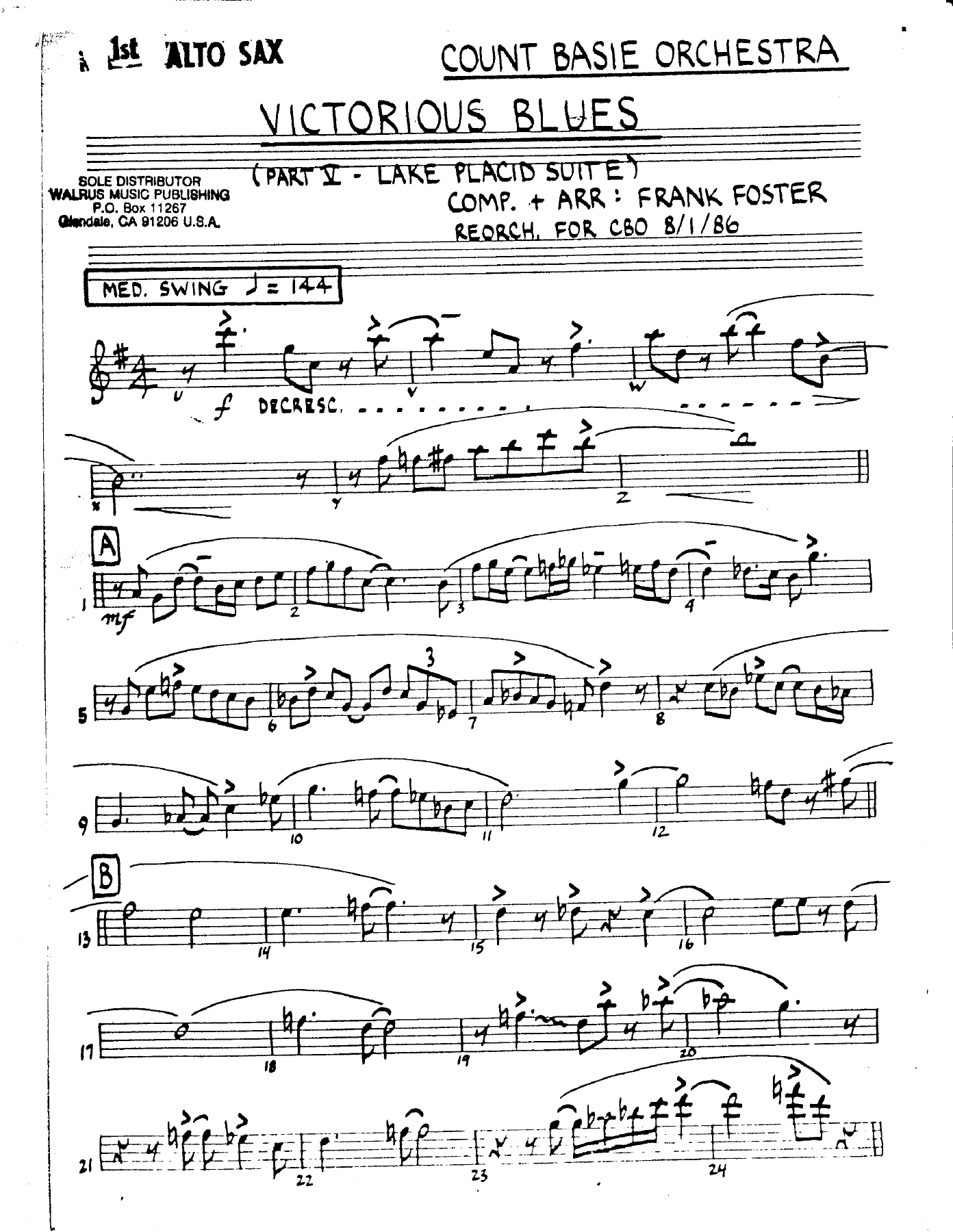 Victorious Blues 2 Arr — Big Band sheet music arranged by Frank Foster | Jazz Standard