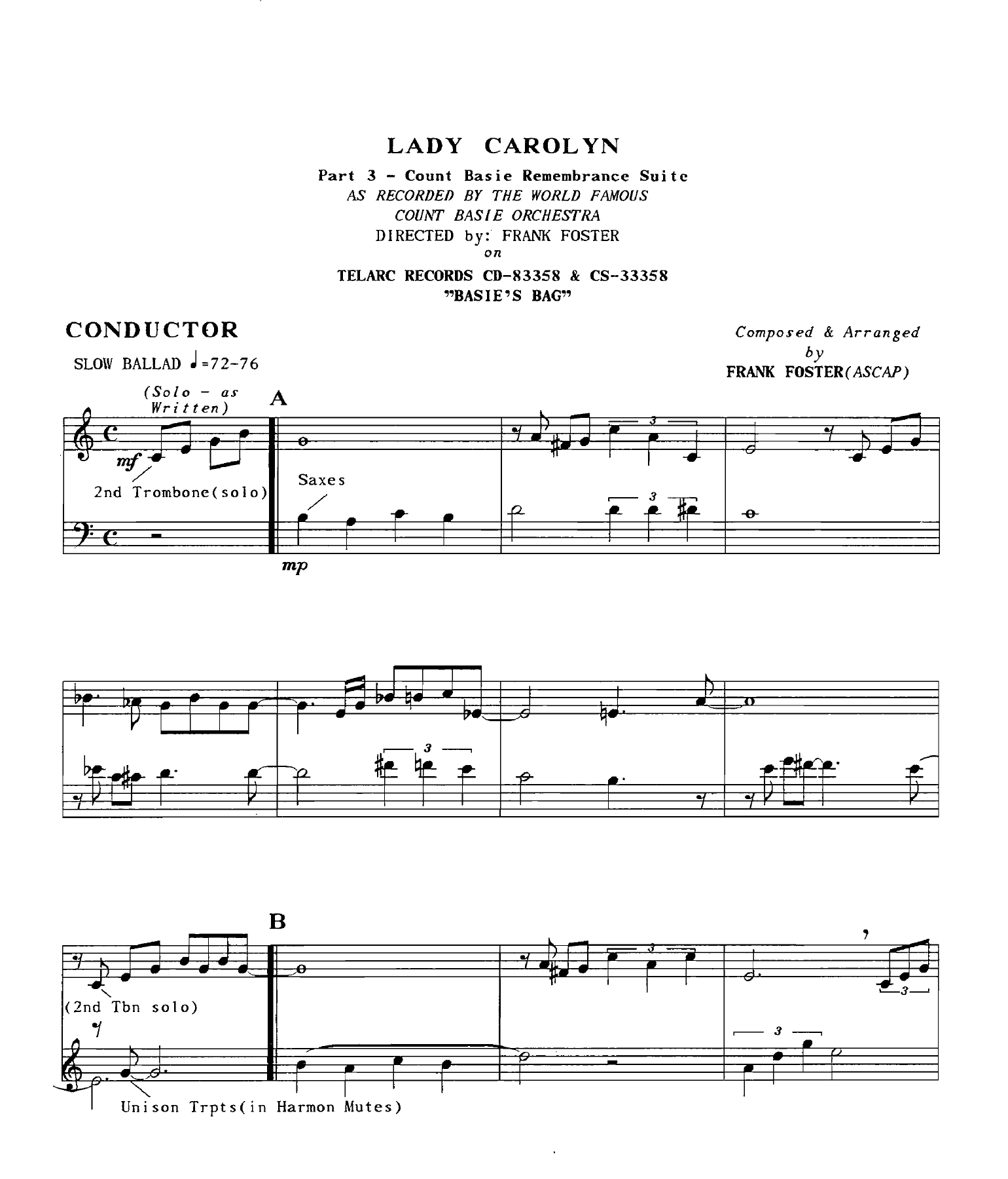 Lady Carolyn — Big Band sheet music arranged by F.Foster | Jazz Standard