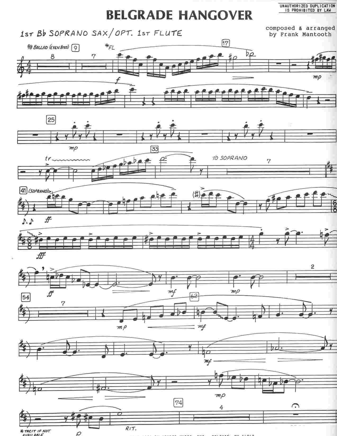 Belgrade Hangover — sheet music cover (first page)