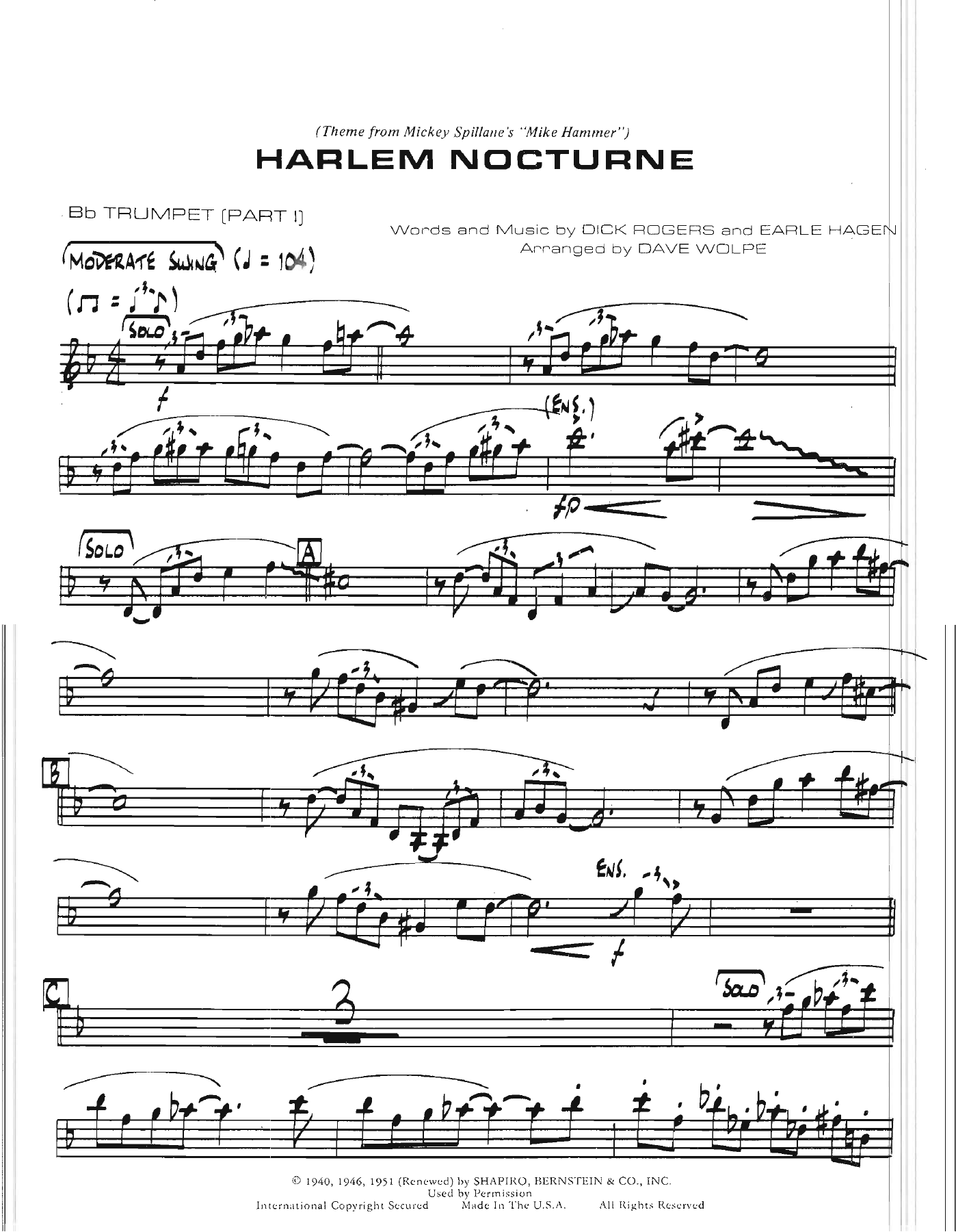 Harlem Nocturne — Small Ensemble sheet music arranged by Dave Wolpe - 4 horns + Rhythm | Jazz Standard