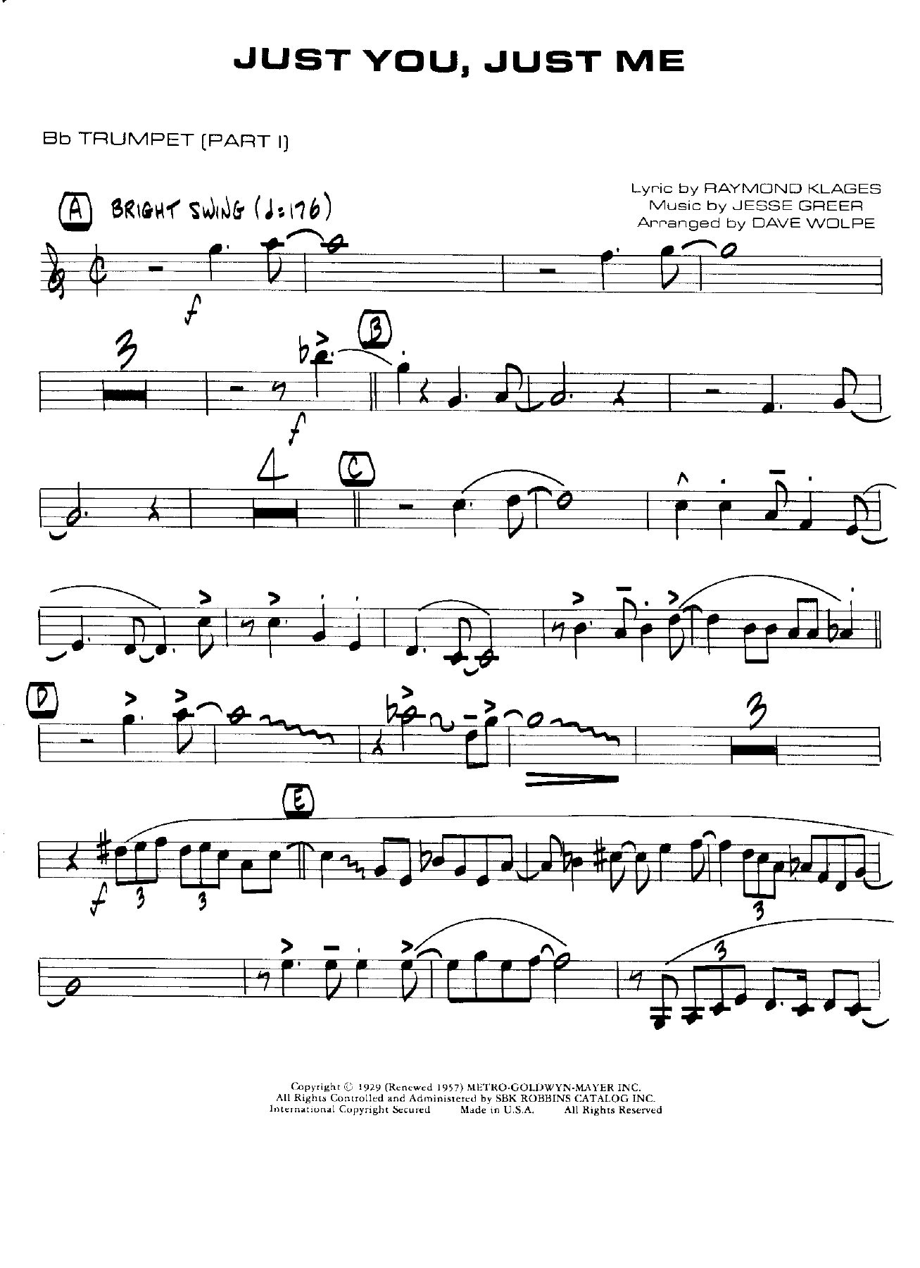 Just You, Just Me — Small Ensemble sheet music arranged by Dave Wolpe - 4 horns + Rhythm | Jazz Standard
