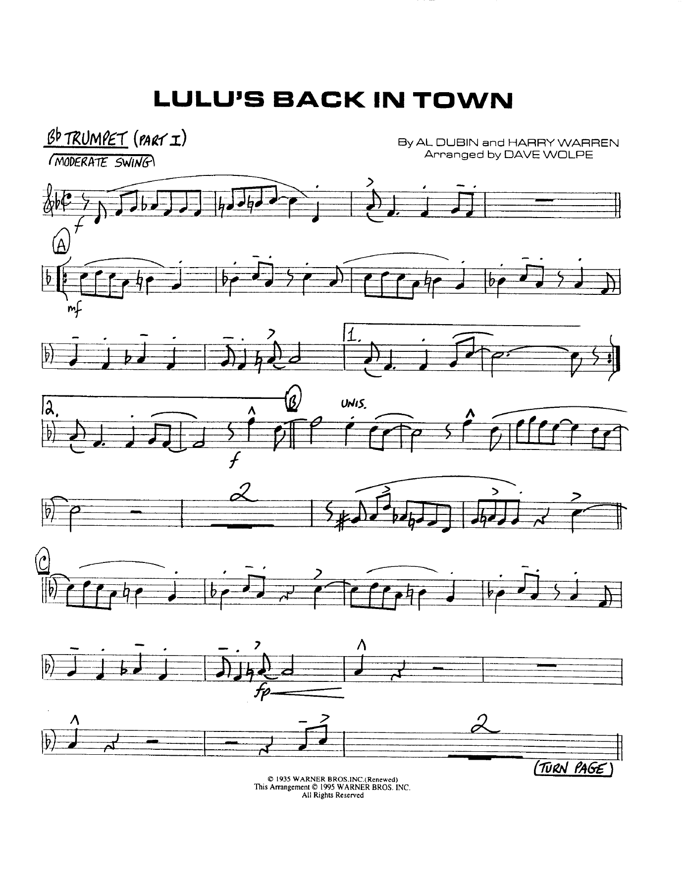 Lulu's Back In Town — Small Ensemble sheet music arranged by Dave Wolpe - 4 horns + Rhythm | Jazz Standard