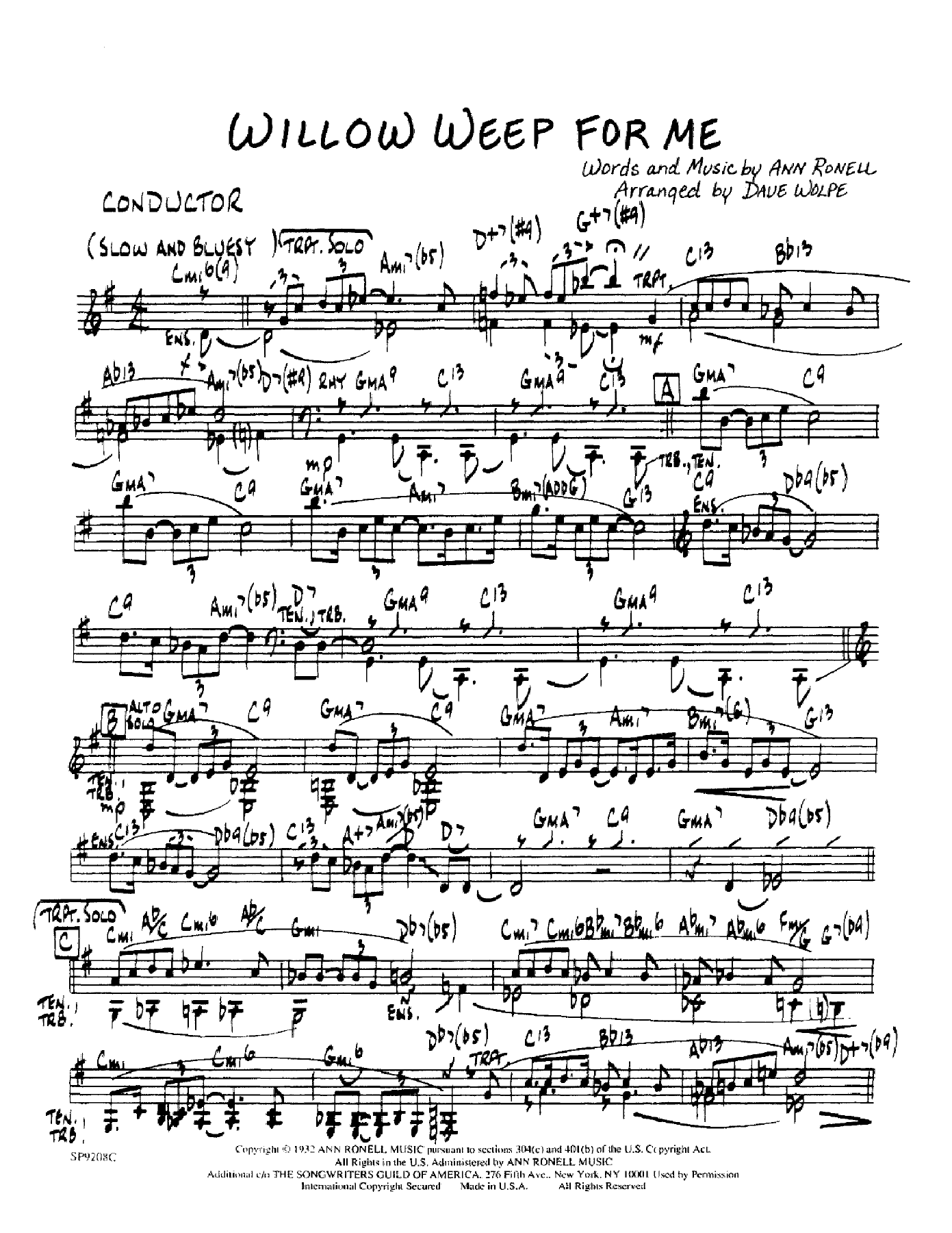 Willow Weep For Me — Small Ensemble sheet music arranged by Dave Wolpe - 7 horns + Rhythm | Jazz Standard
