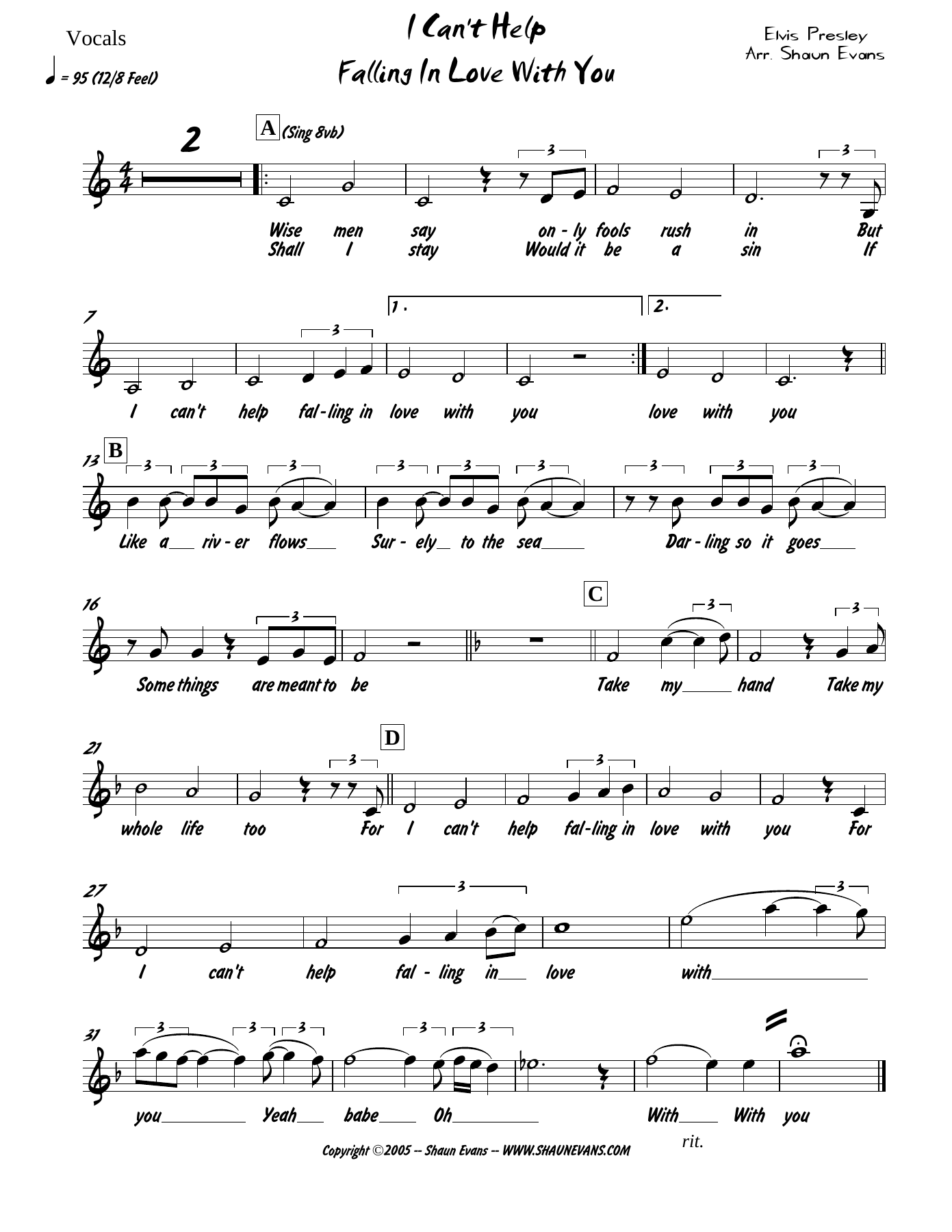 Can't Help Falling In Love (S.Evans) E.Presley — big_band_vocal sheet music arranged by Shaun Evans | Jazz Vocal