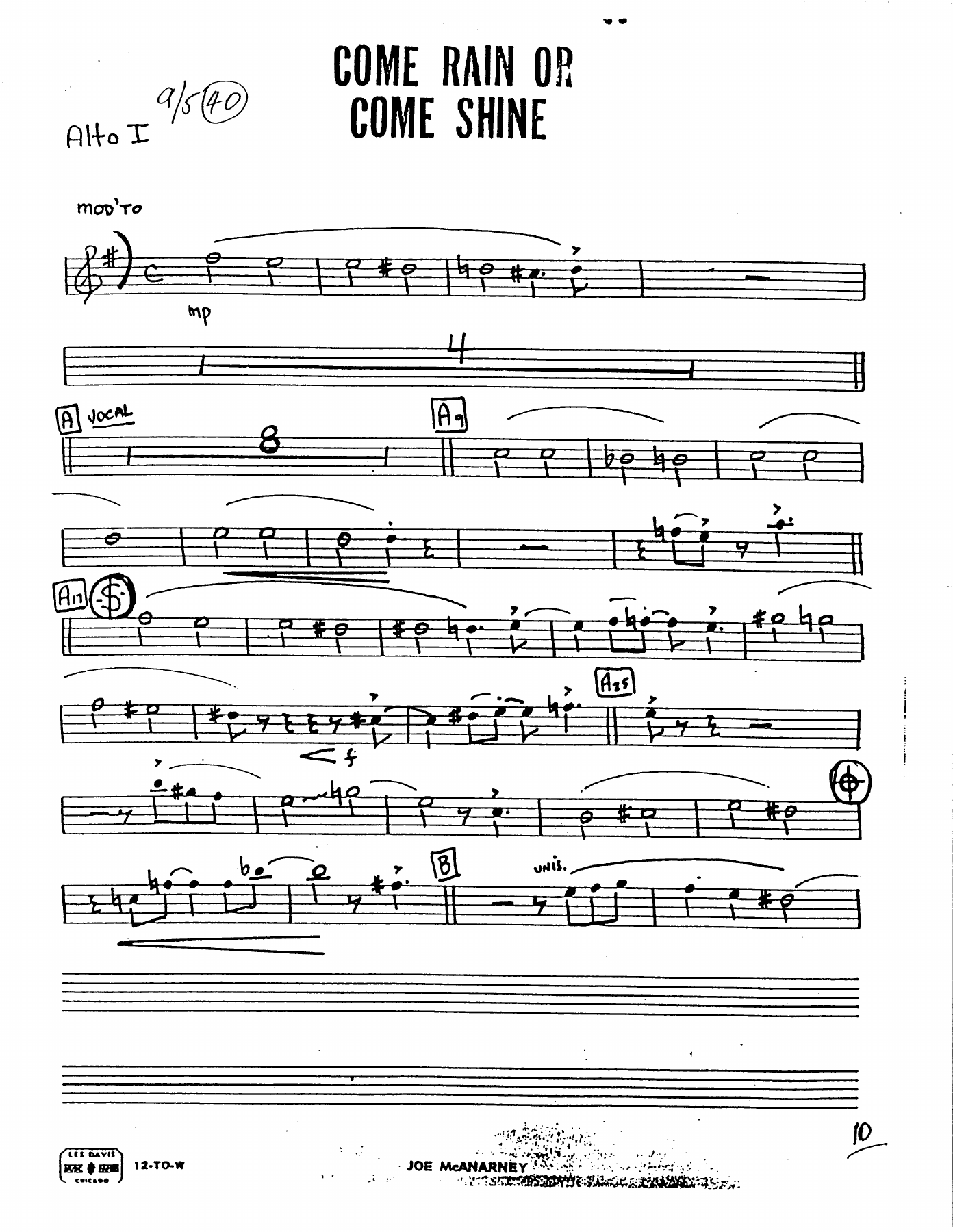 Come Rain Or Come Shine (J.McAnarney)-Vocal in Bb — sheet music preview