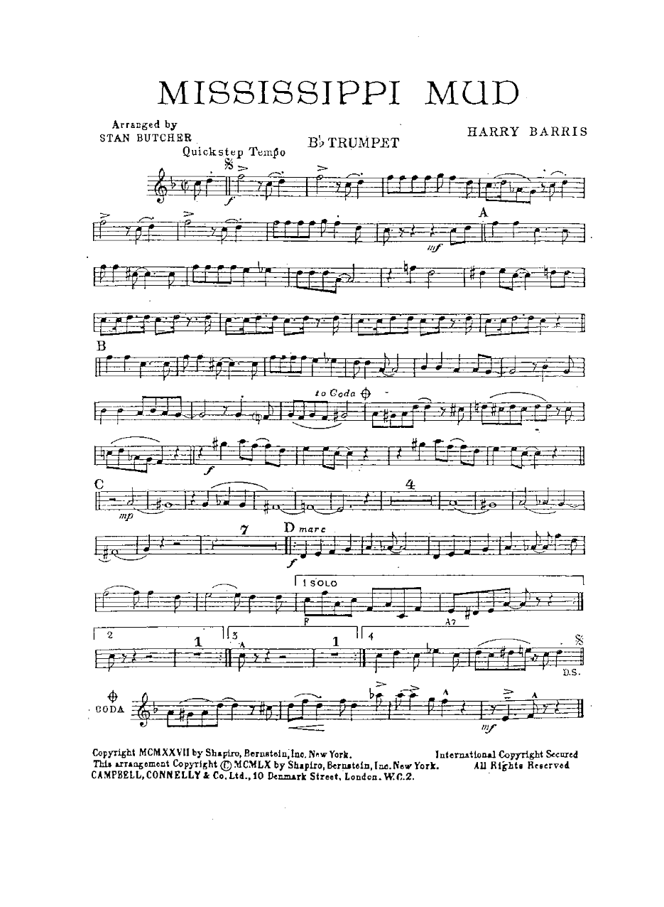 Mississippi Mud Missing Drums — Dixieland sheet music arranged by STAN BUTCHER | Dixieland