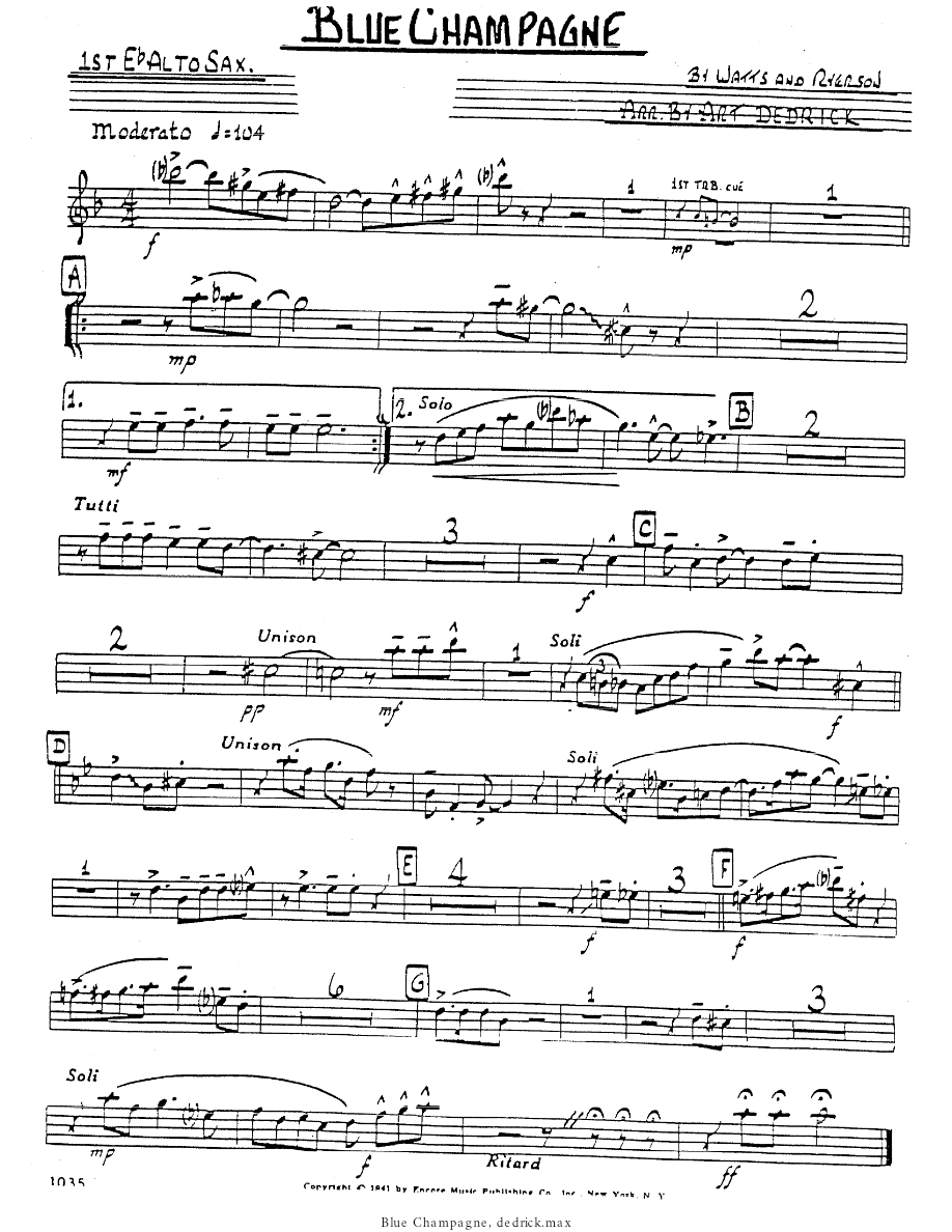 Blue Champagne (A.Dedrick) Bari Feature — Big Band sheet music by Art Dedrick | Jazz Standard