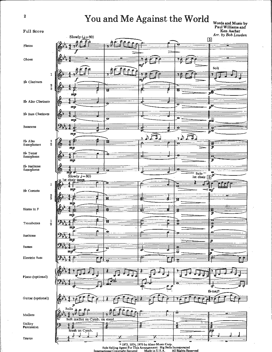 You And Me Aigainst The World — concert_band sheet music arranged by Bob Lowden | Pop