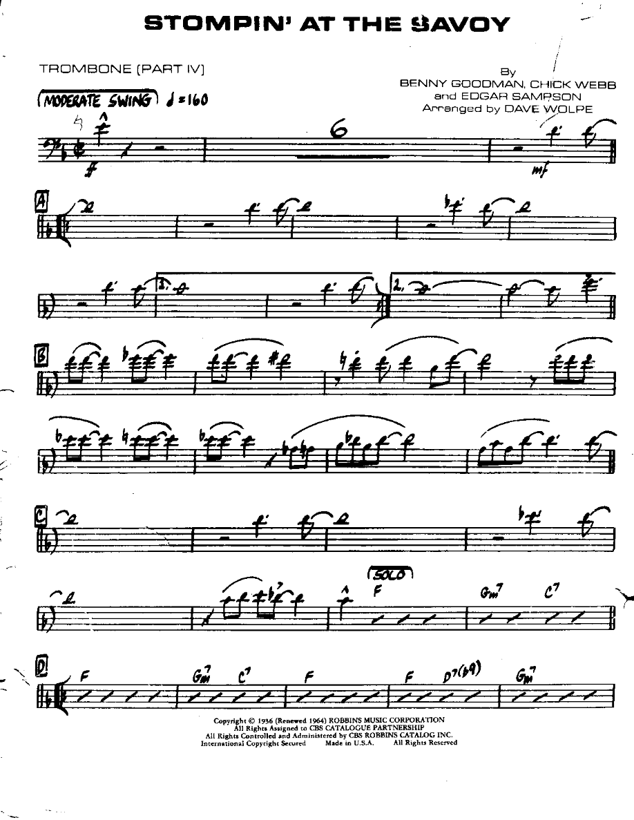Stompin' at the Savoy-Trombone — sheet music cover (first page)