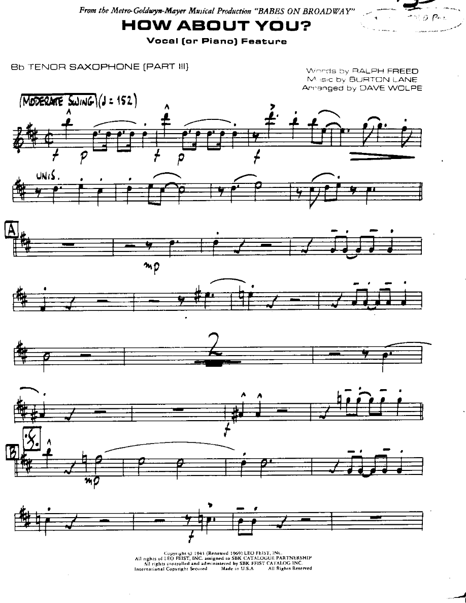 How about You-Tenor — Small Ensemble sheet music arranged by How about You | Jazz Standard