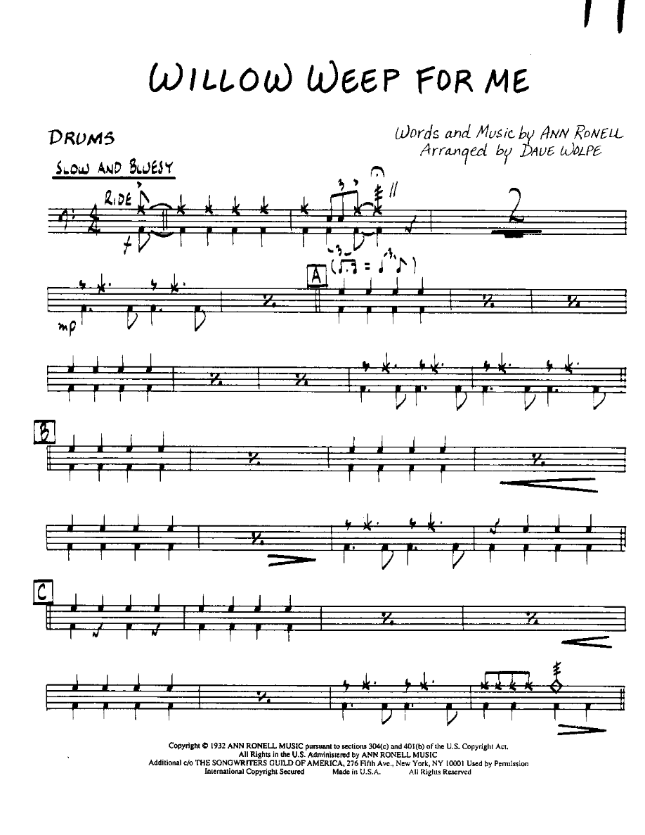 Willow Weep for Me-Drums — Small Ensemble sheet music arranged by Willow Weep for Me | Jazz Standard