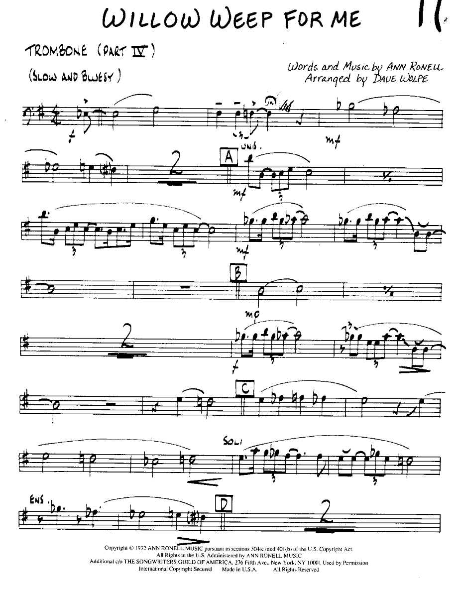 Willow Weep for Me-Trombone — Small Ensemble sheet music arranged by Willow Weep for Me | Jazz Standard