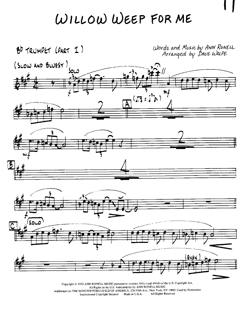Willow Weep for Me-Trumpet — Small Ensemble sheet music arranged by Willow Weep for Me | Ballad