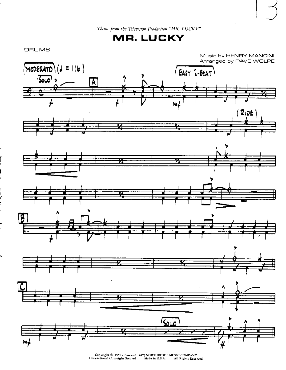 Mr Lucky-Drums — Small Ensemble sheet music arranged by Mr Lucky | Film Music