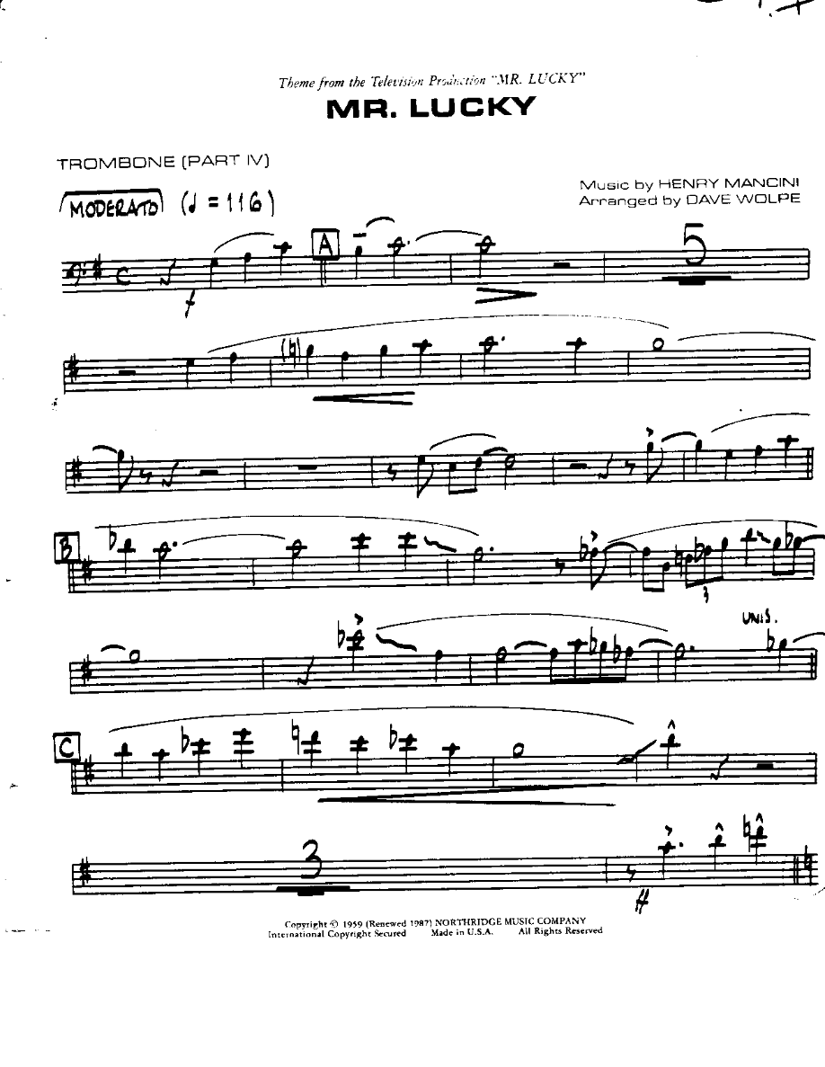 Mr Lucky-Trombone — sheet music cover (first page)