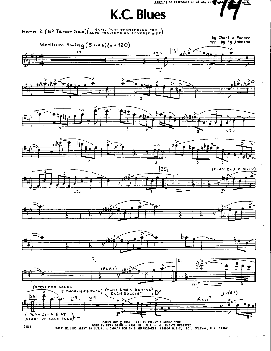 KC Blues-Tenor — sheet music cover (first page)