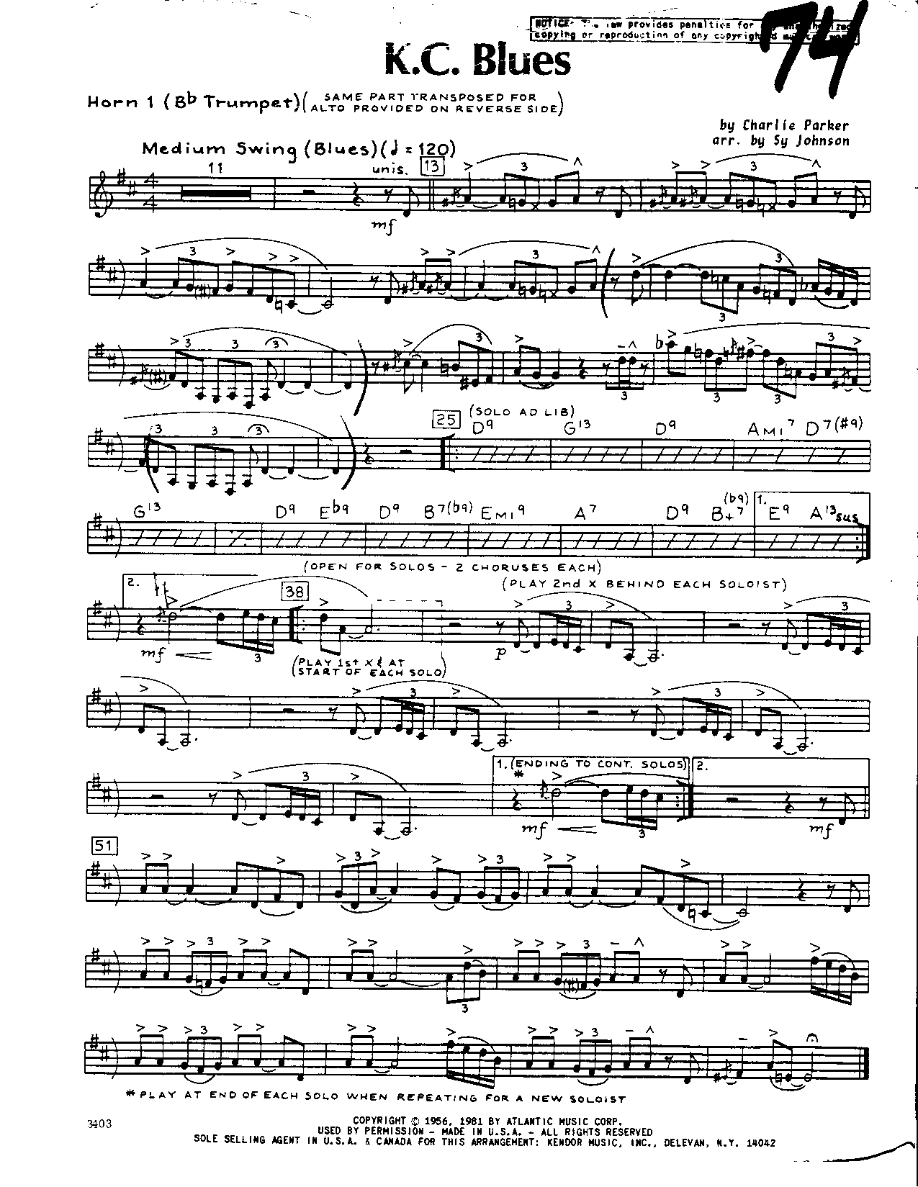 KC Blues-Trumpet — sheet music cover (first page)