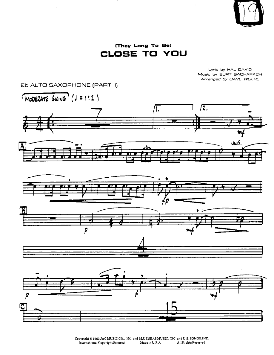 Close to You-Alto — Small Ensemble sheet music arranged by Mr. X | Pop