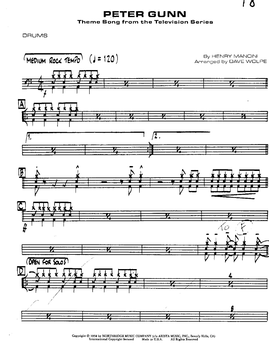 Peter Gunn-Drums — sheet music cover (first page)