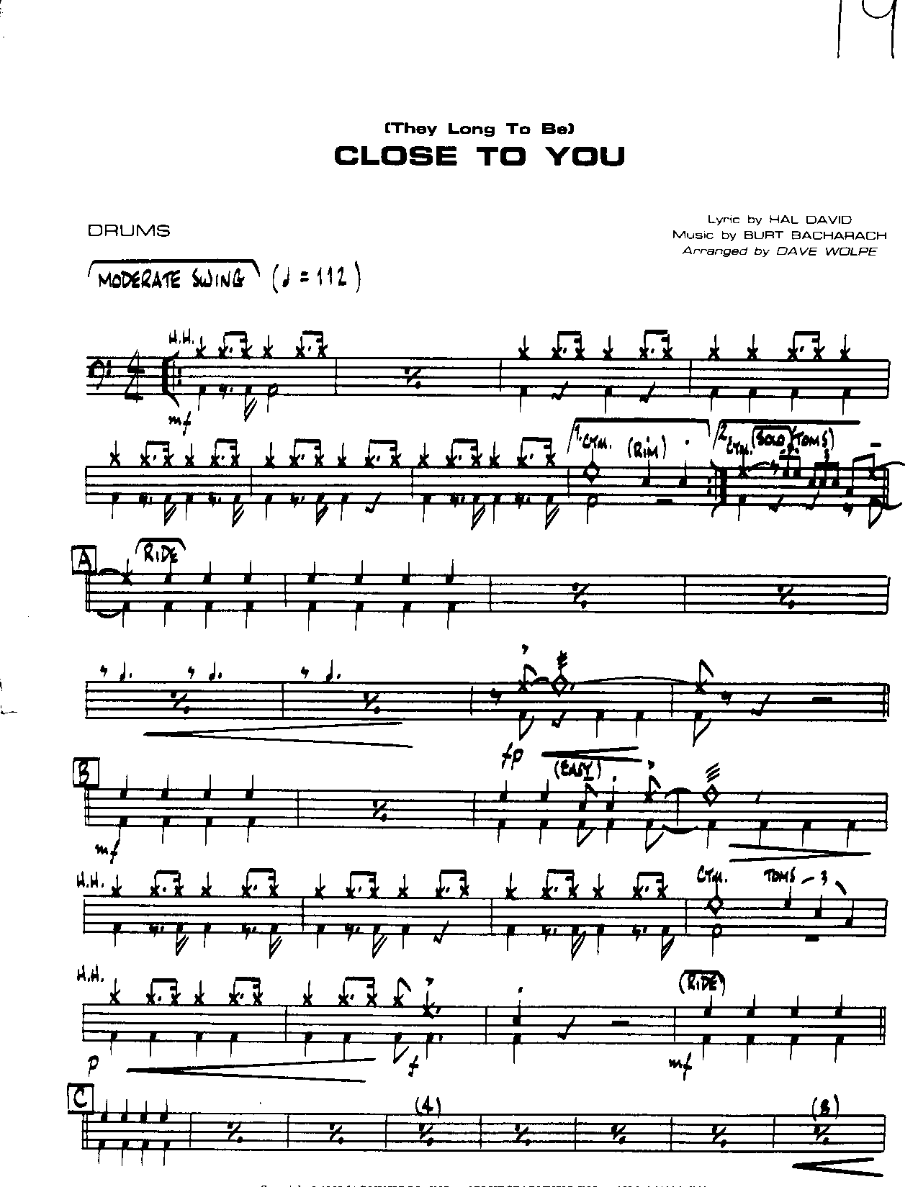 Close to You-Drums — sheet music cover (first page)