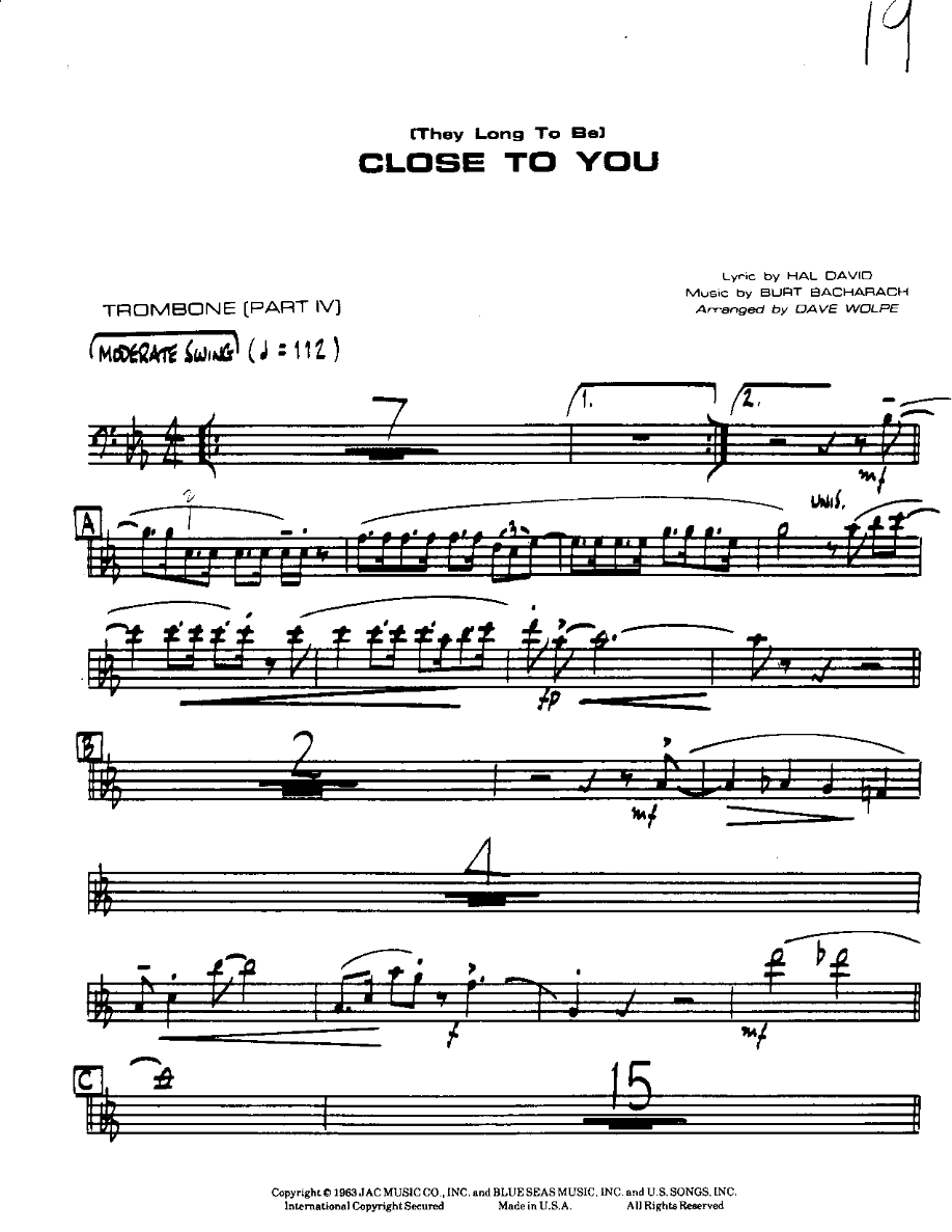 Close to You-Trombone — sheet music cover (first page)