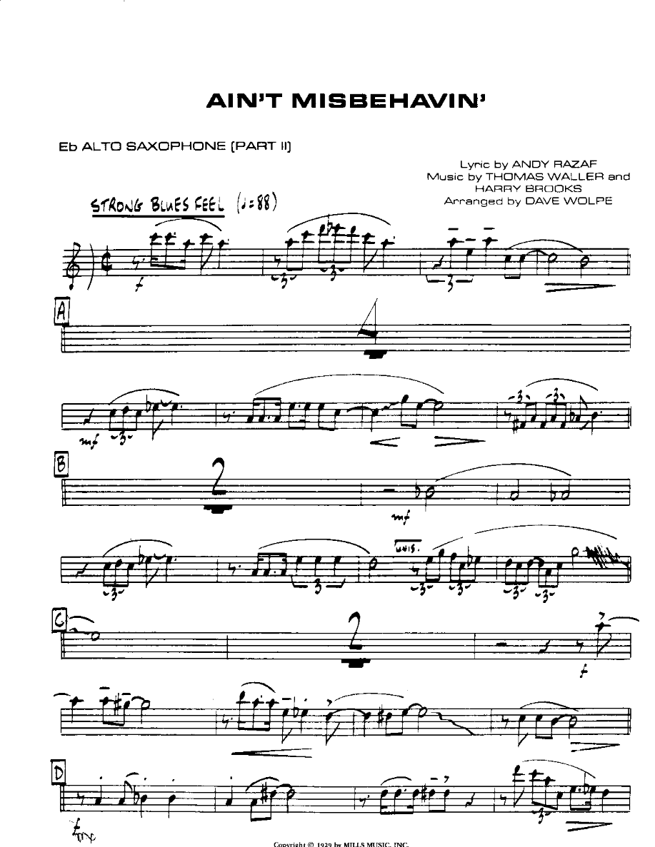 Ain't Misbehavin'-Alto — Small Ensemble sheet music arranged by Mr. X | Jazz Standard