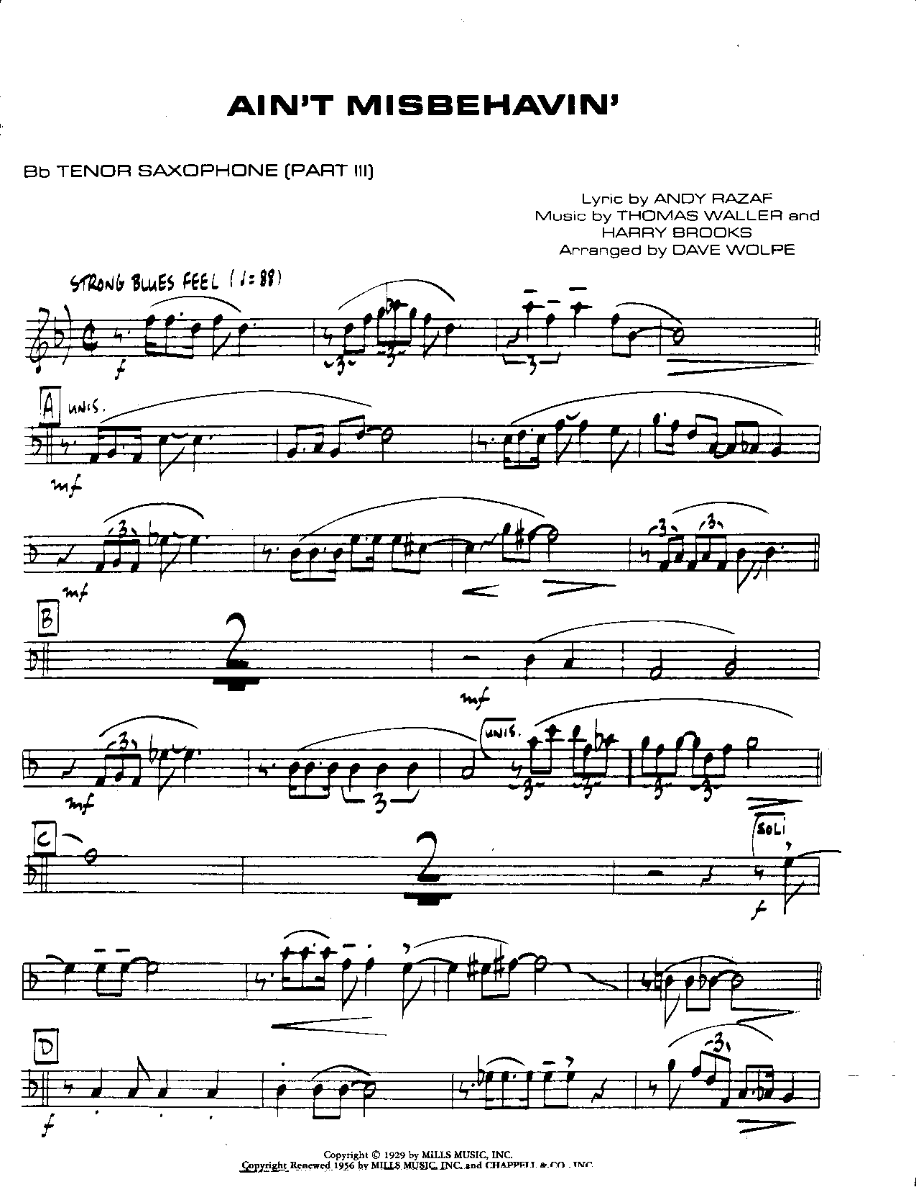 Ain't Misbehavin'-Tenor — sheet music cover (first page)