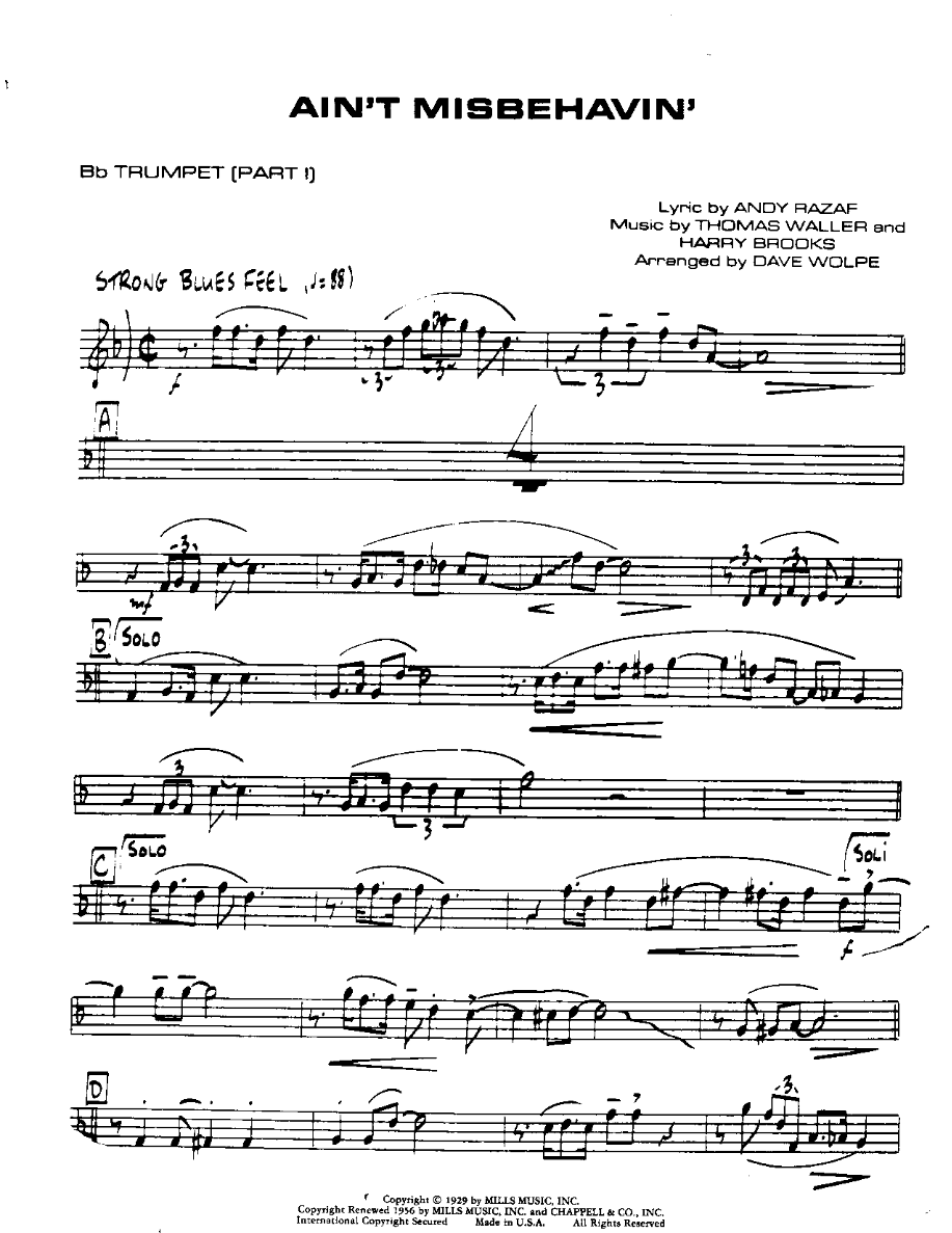 Ain't Misbehavin'-Trumpet — sheet music cover (first page)