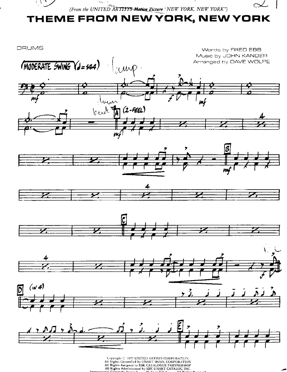New York New York-Drums — Small Ensemble sheet music arranged by Mr. X | Musical Theatre