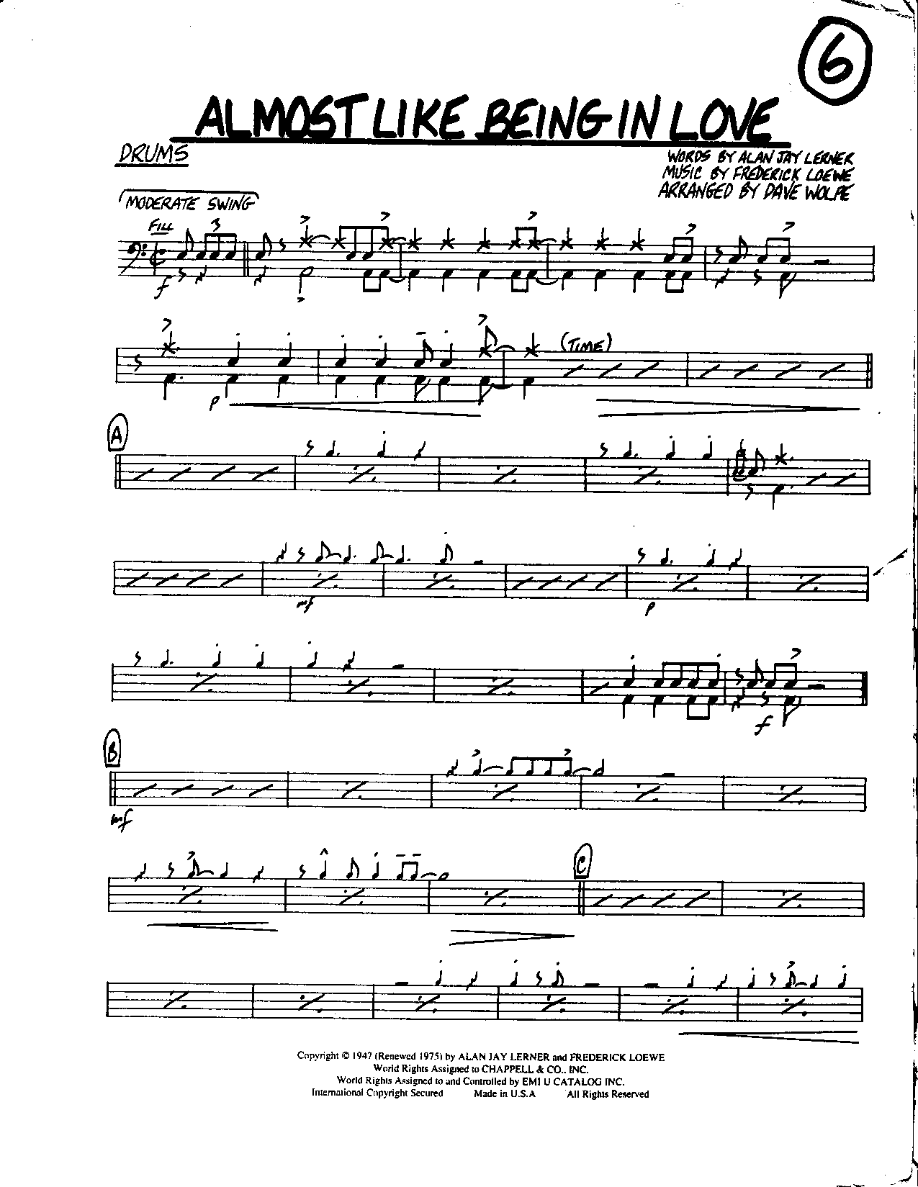 Circle 6-Almost like being in Love-Drums — sheet music cover (first page)