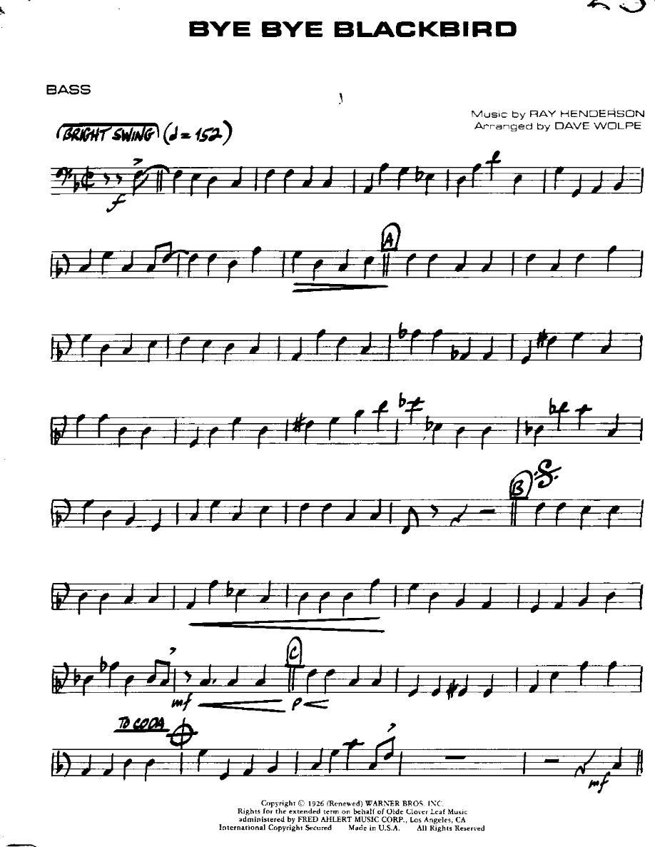 Bye Bye Blackbird-Bass — Small Ensemble sheet music arranged by Mr. X | Jazz Standard