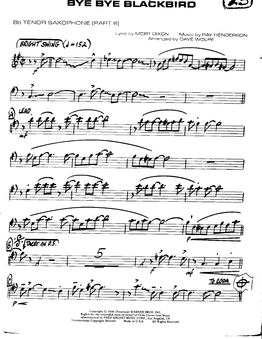 Bye Bye Blackbird-Tenor — Small Ensemble sheet music arranged by Mr. X | Jazz Standard