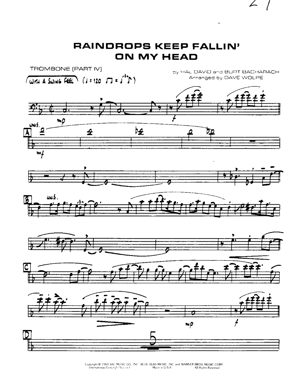 Raindrops-Trombone — sheet music cover (first page)