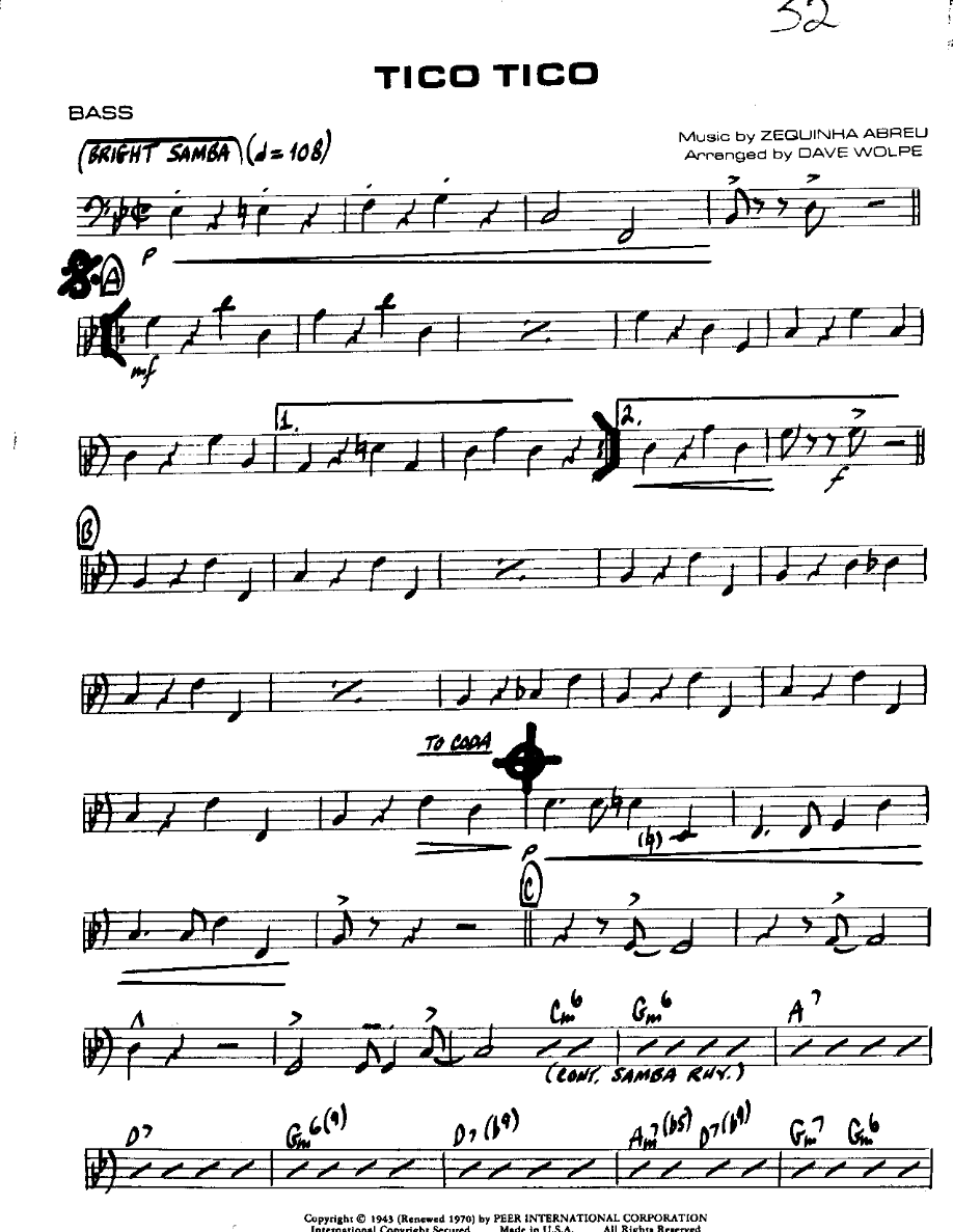 Tico Tico-Bass — sheet music cover (first page)