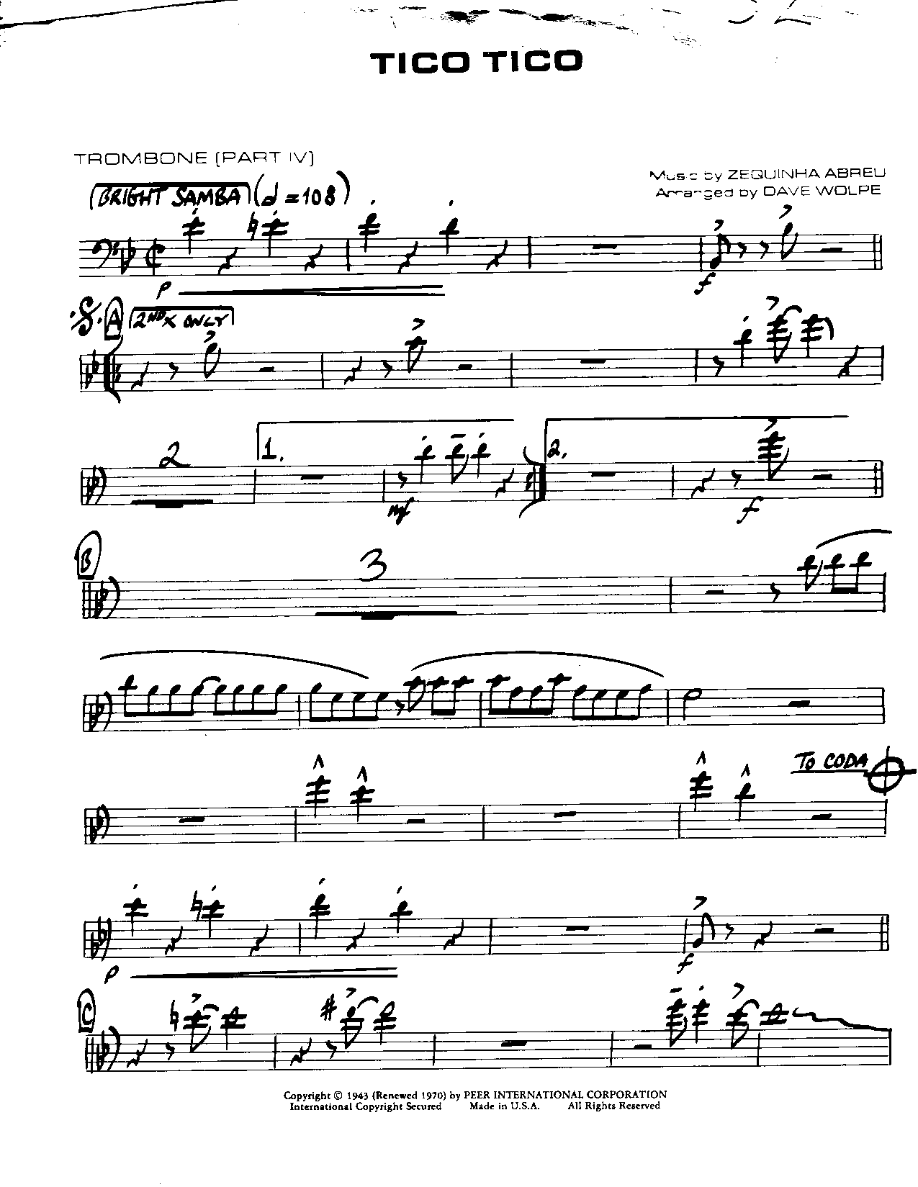 Tico Tico-Trombone — sheet music cover (first page)